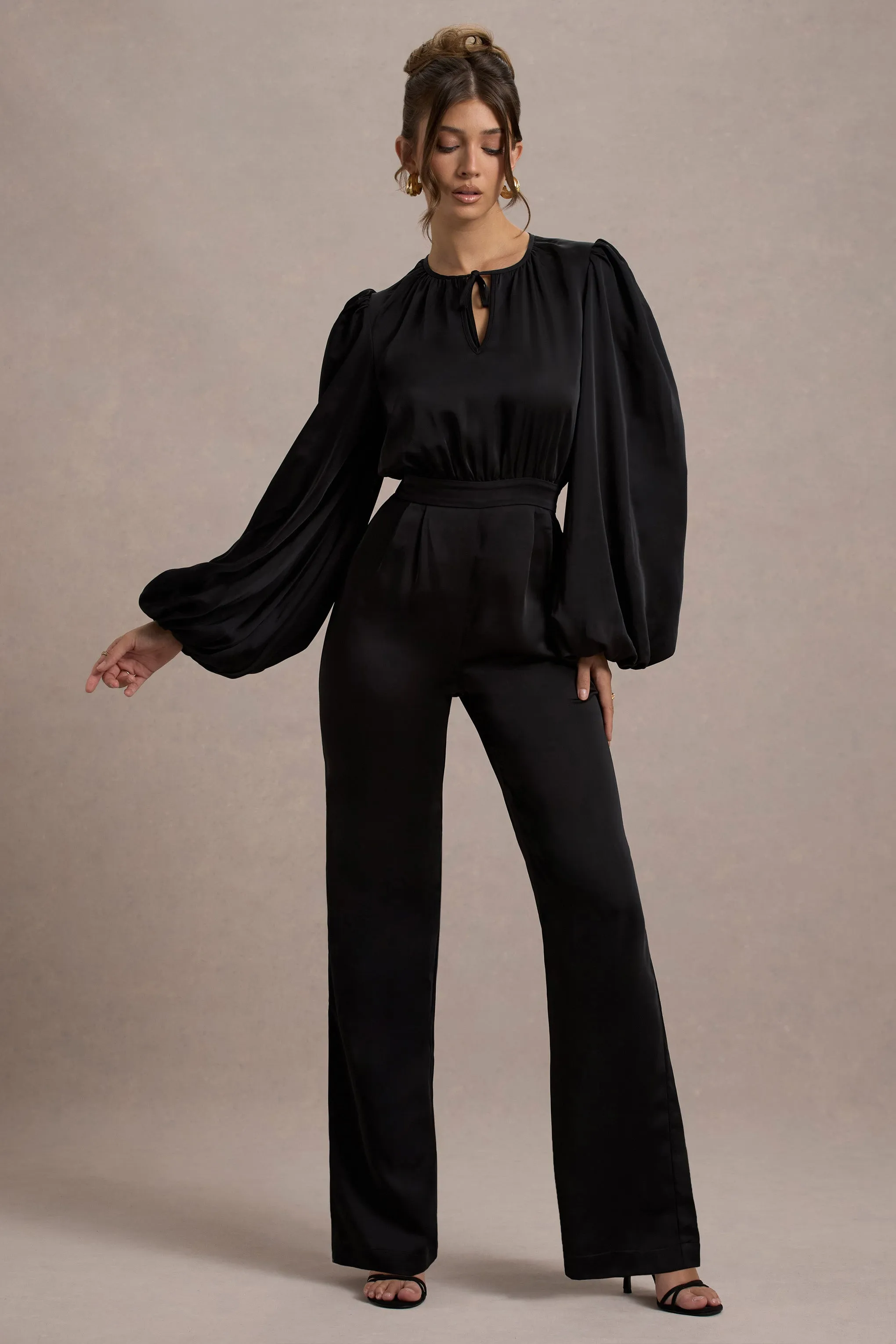 Suzanna | Black Satin Puff-Sleeve Wide-Leg Jumpsuit Club L London