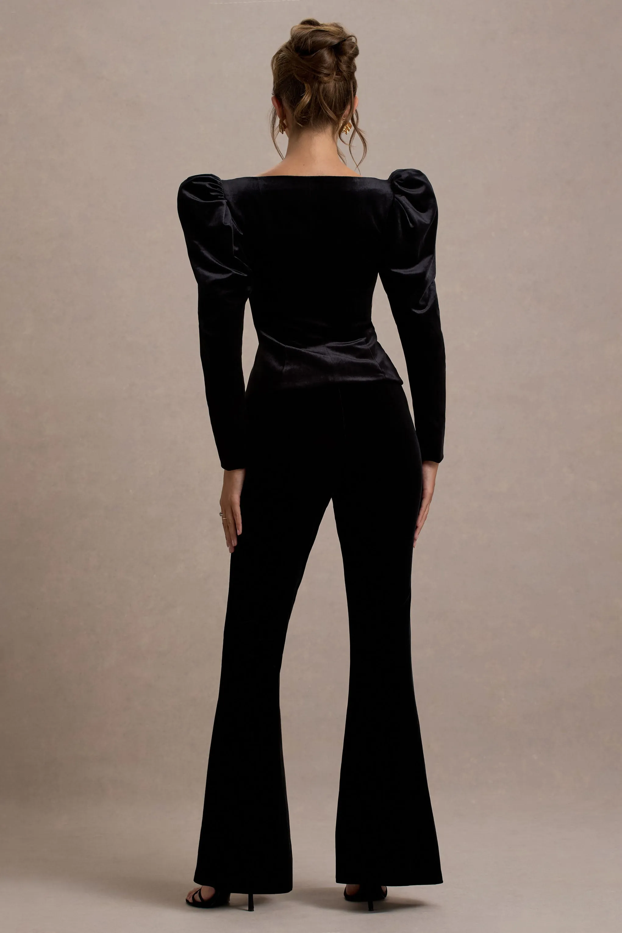 Suzu | Black Velvet Puff-Sleeve Top With Bows Club L London