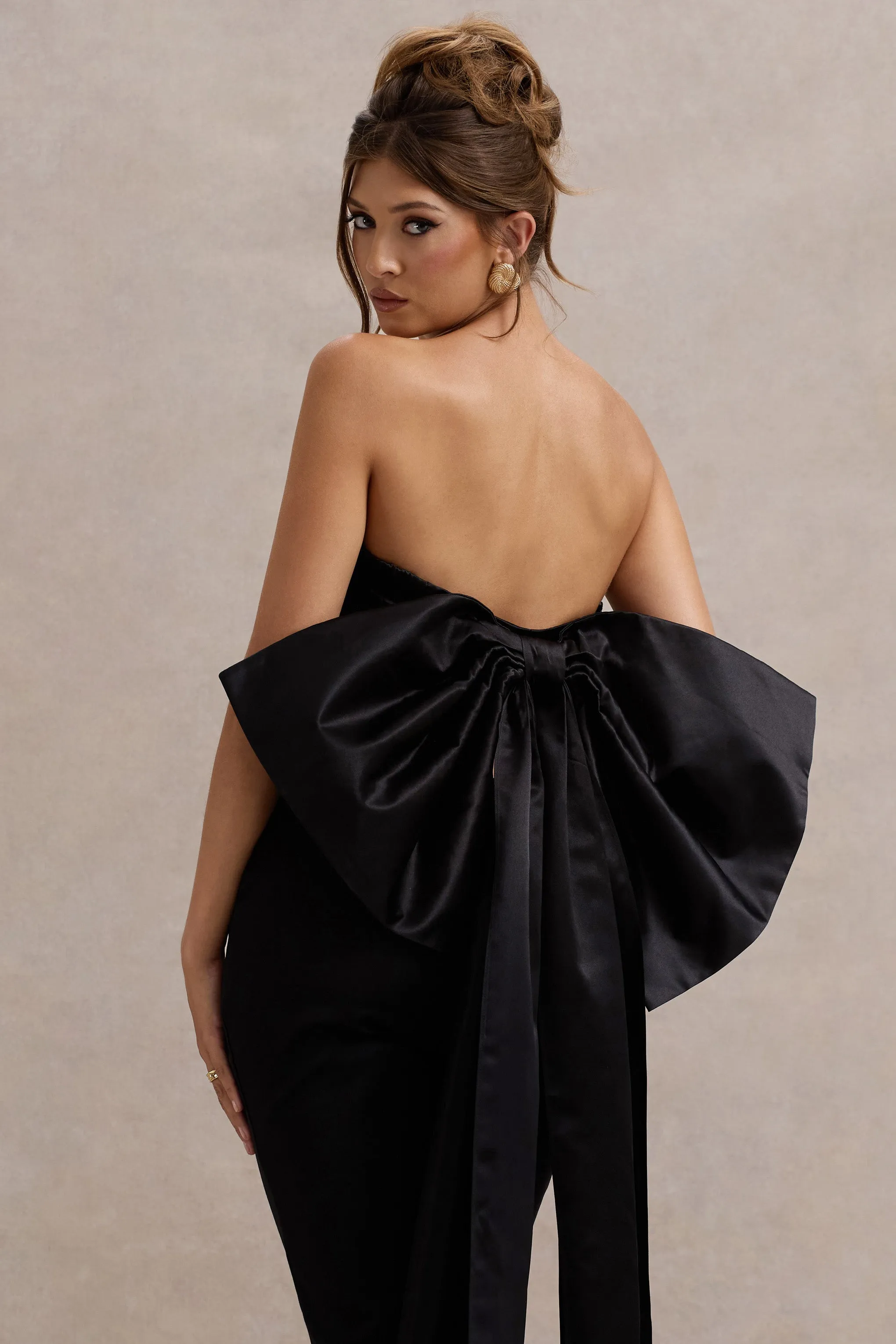 Sweet Escape | Black Satin Crop Top With Oversized Satin Bow Club L London