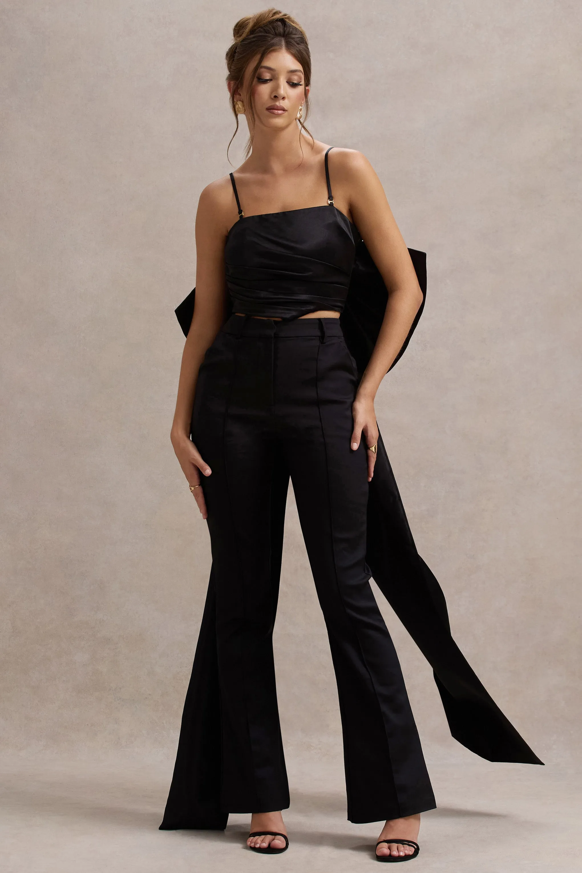 Sweet Escape | Black Satin Crop Top With Oversized Satin Bow Club L London