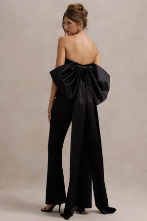 Sweet Escape | Black Satin Crop Top With Oversized Satin Bow Club L London