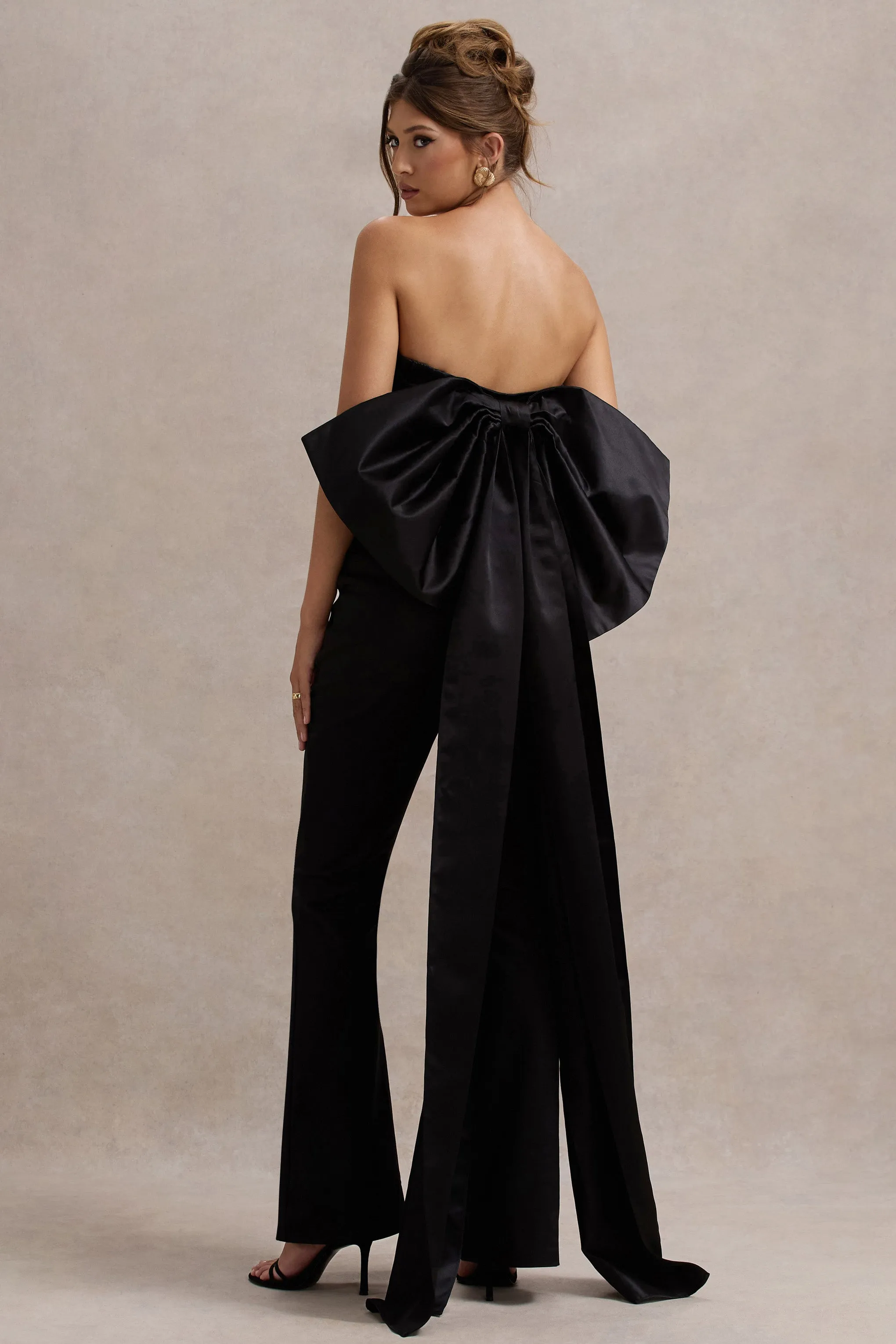 Sweet Escape | Black Satin Crop Top With Oversized Satin Bow Club L London