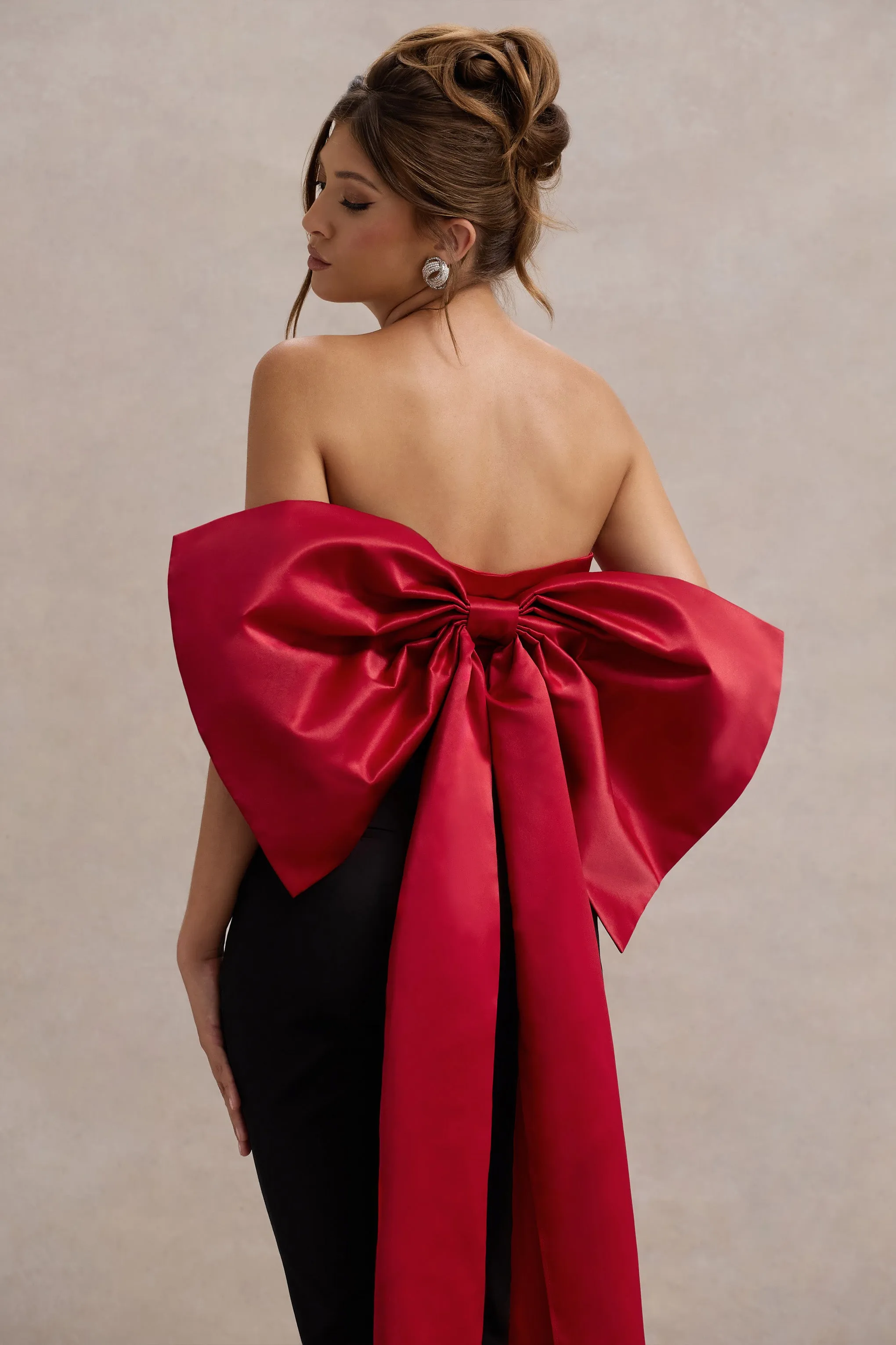Sweet Escape | Red Satin Crop Top With Oversized Satin Bow Club L London