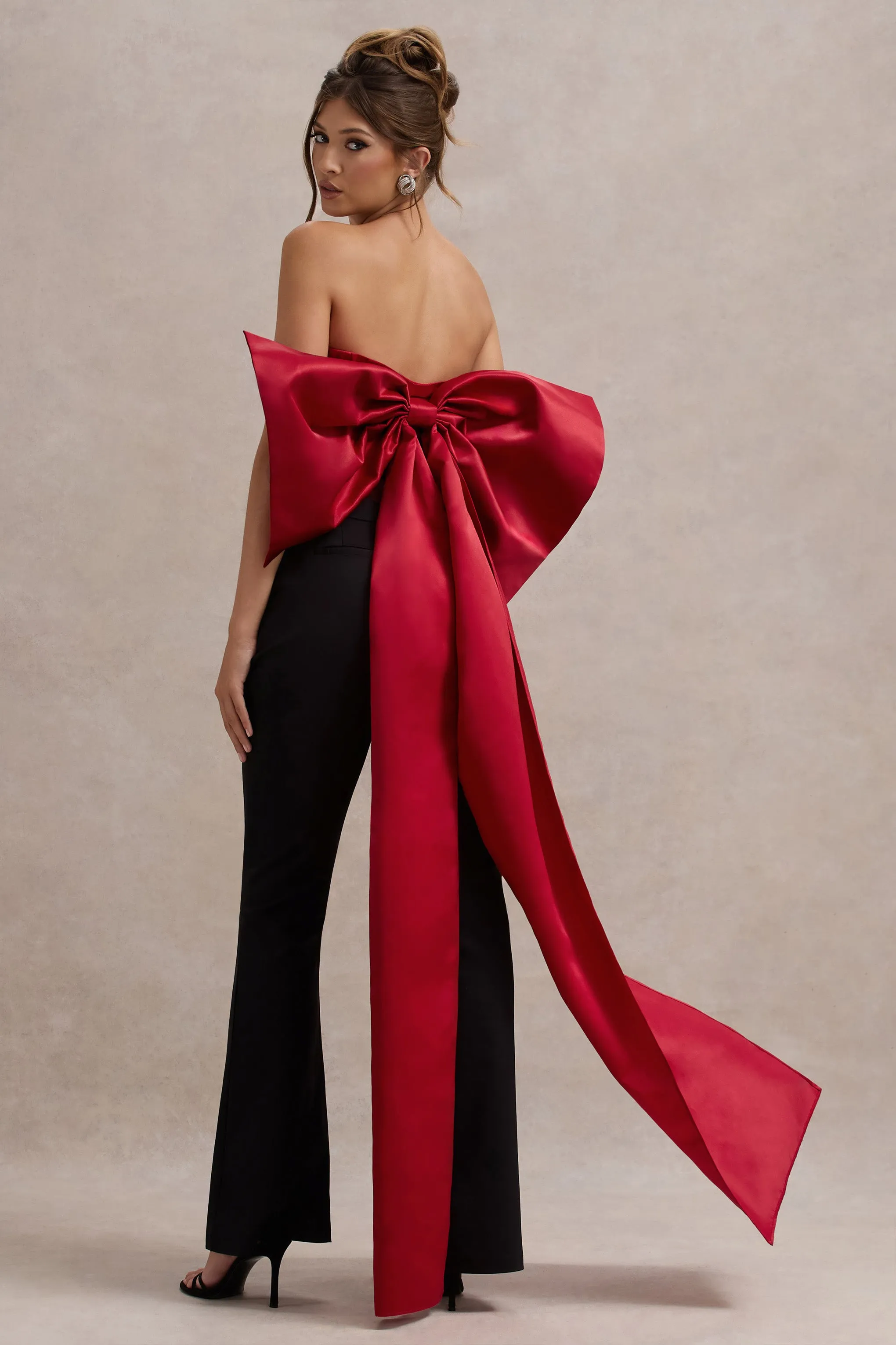 Sweet Escape | Red Satin Crop Top With Oversized Satin Bow Club L London