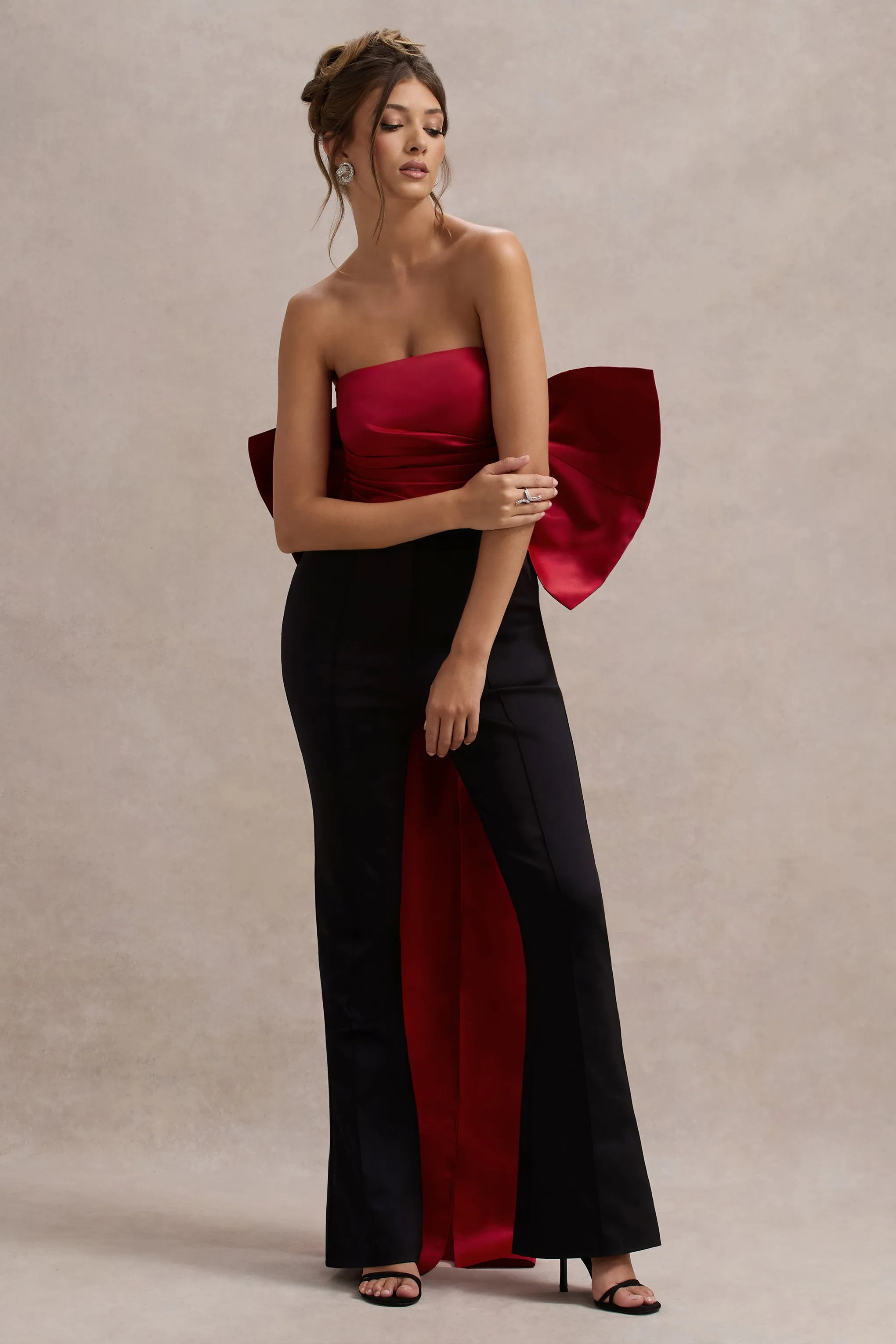 Sweet Escape | Red Satin Crop Top With Oversized Satin Bow Club L London