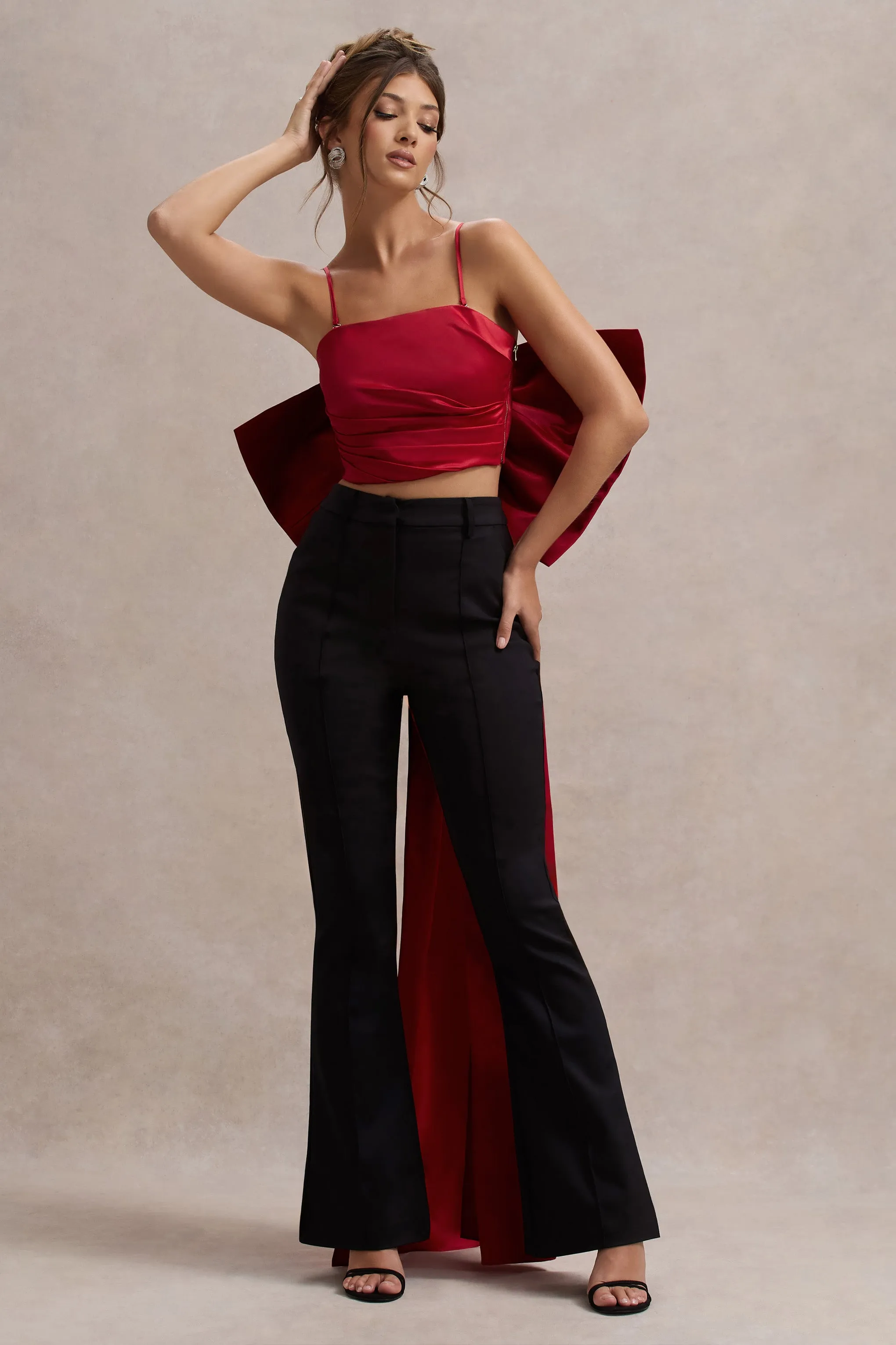 Sweet Escape | Red Satin Crop Top With Oversized Satin Bow Club L London