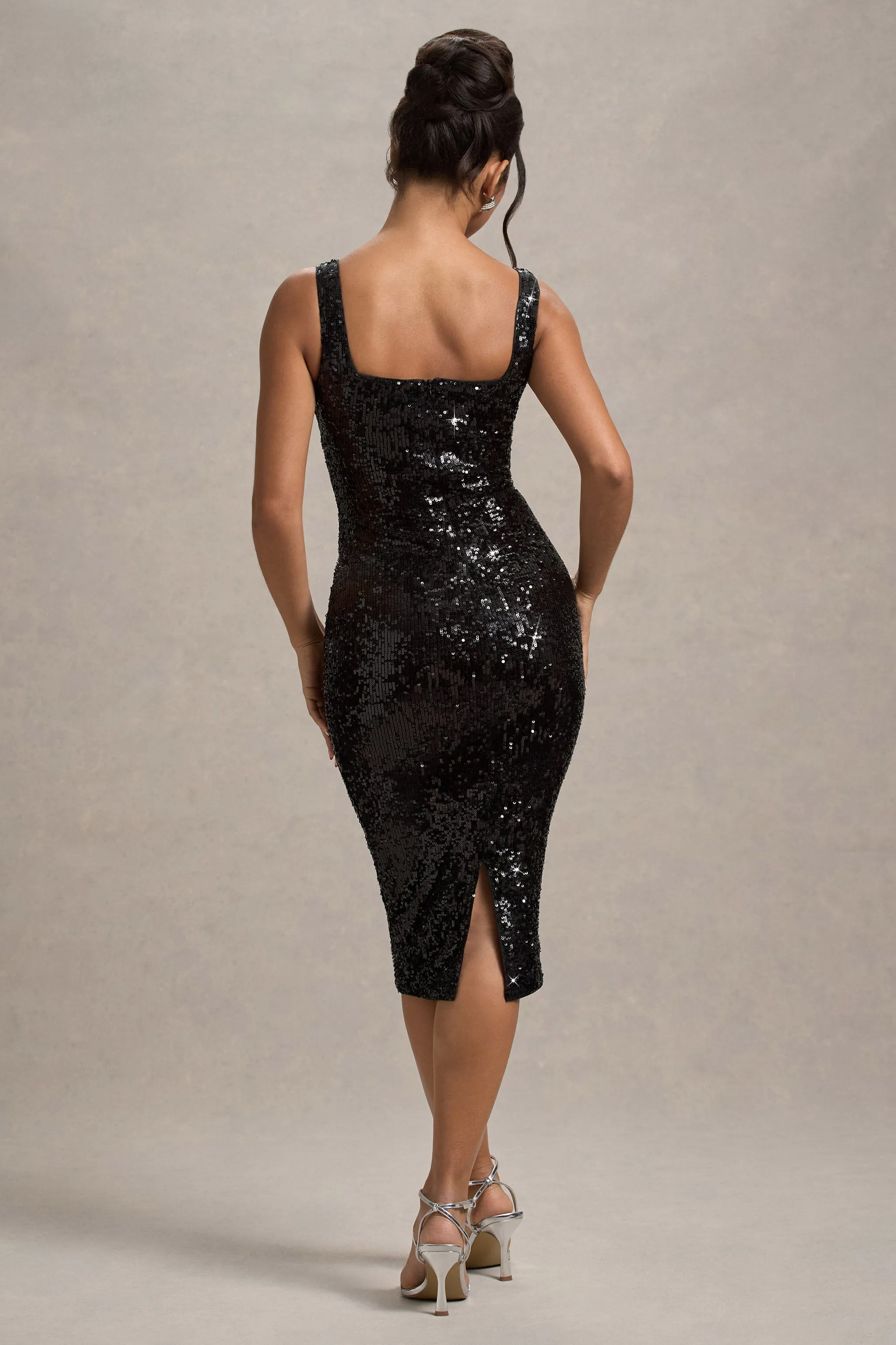 Sweet Spark | Black Sequin Square-Neck Midi Dress Club L London