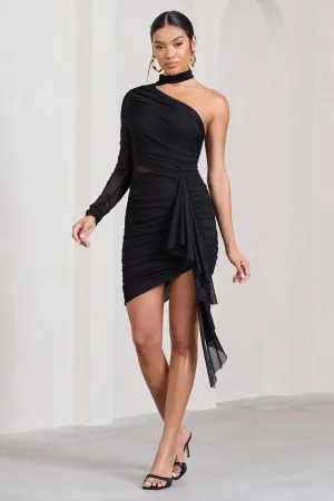 Swirling | Black Ruched One-Sleeved Mini Dress With Ruffle Club L London