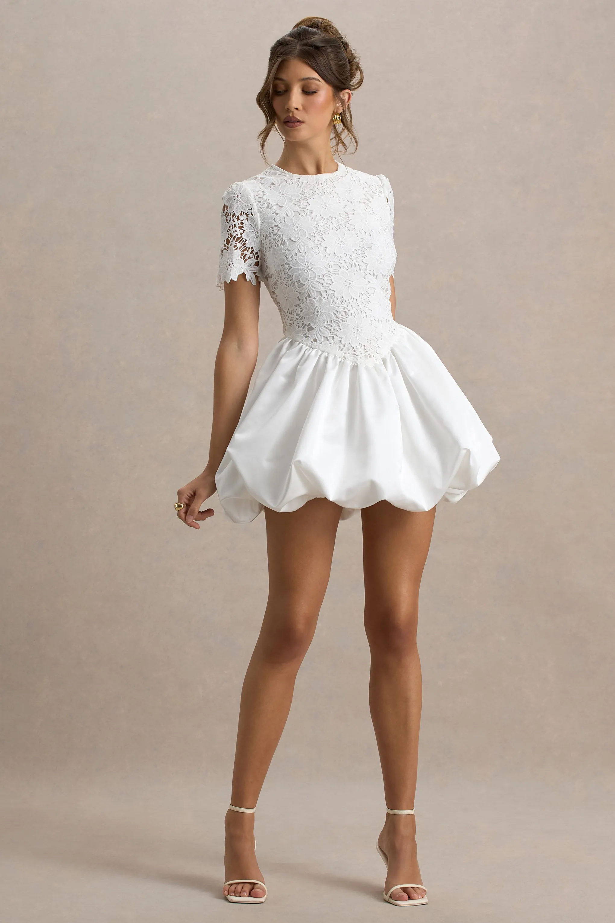 Taffy | White Lace Mini Dress With Satin Puffball Skirt Club L London
