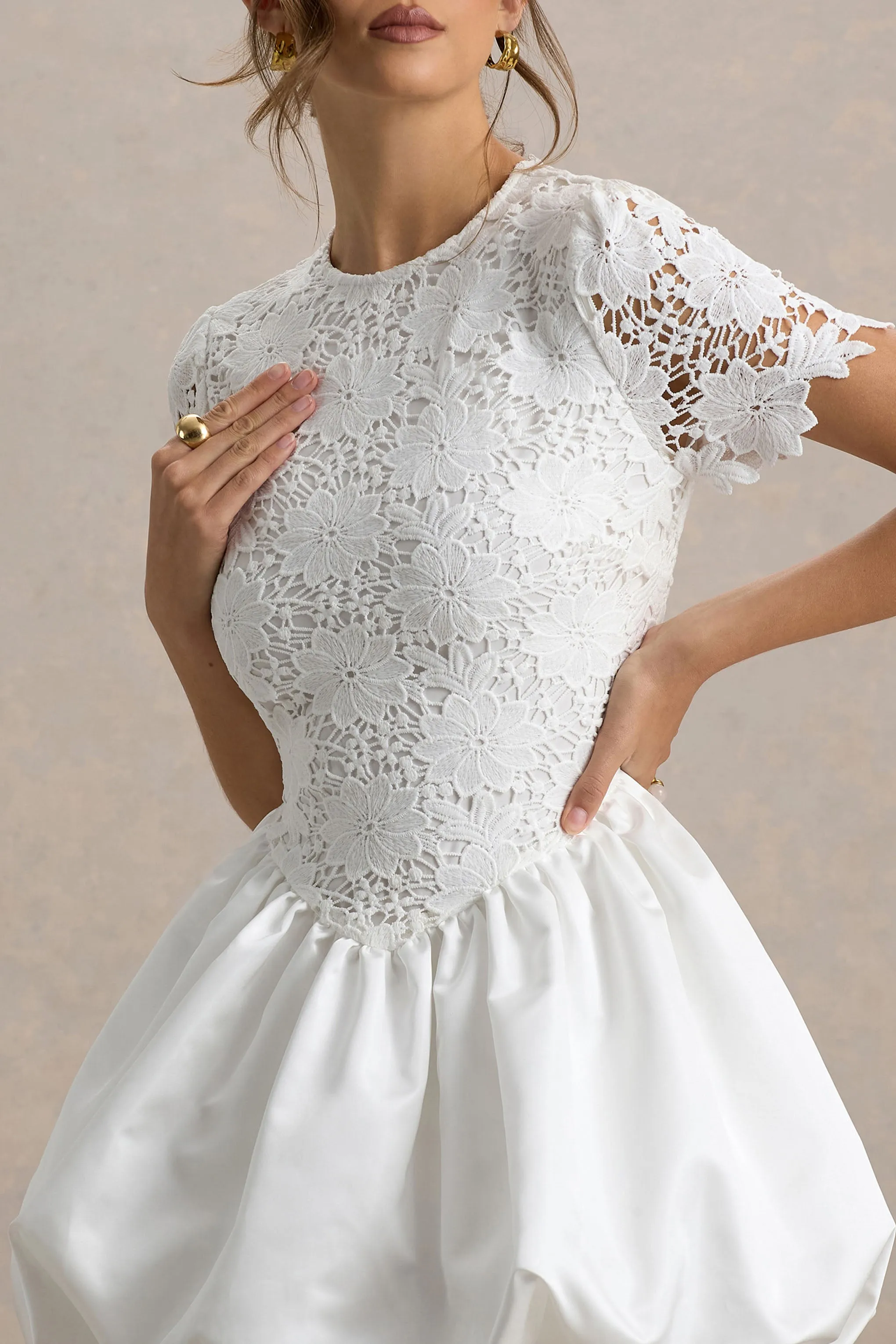 Taffy | White Lace Mini Dress With Satin Puffball Skirt Club L London