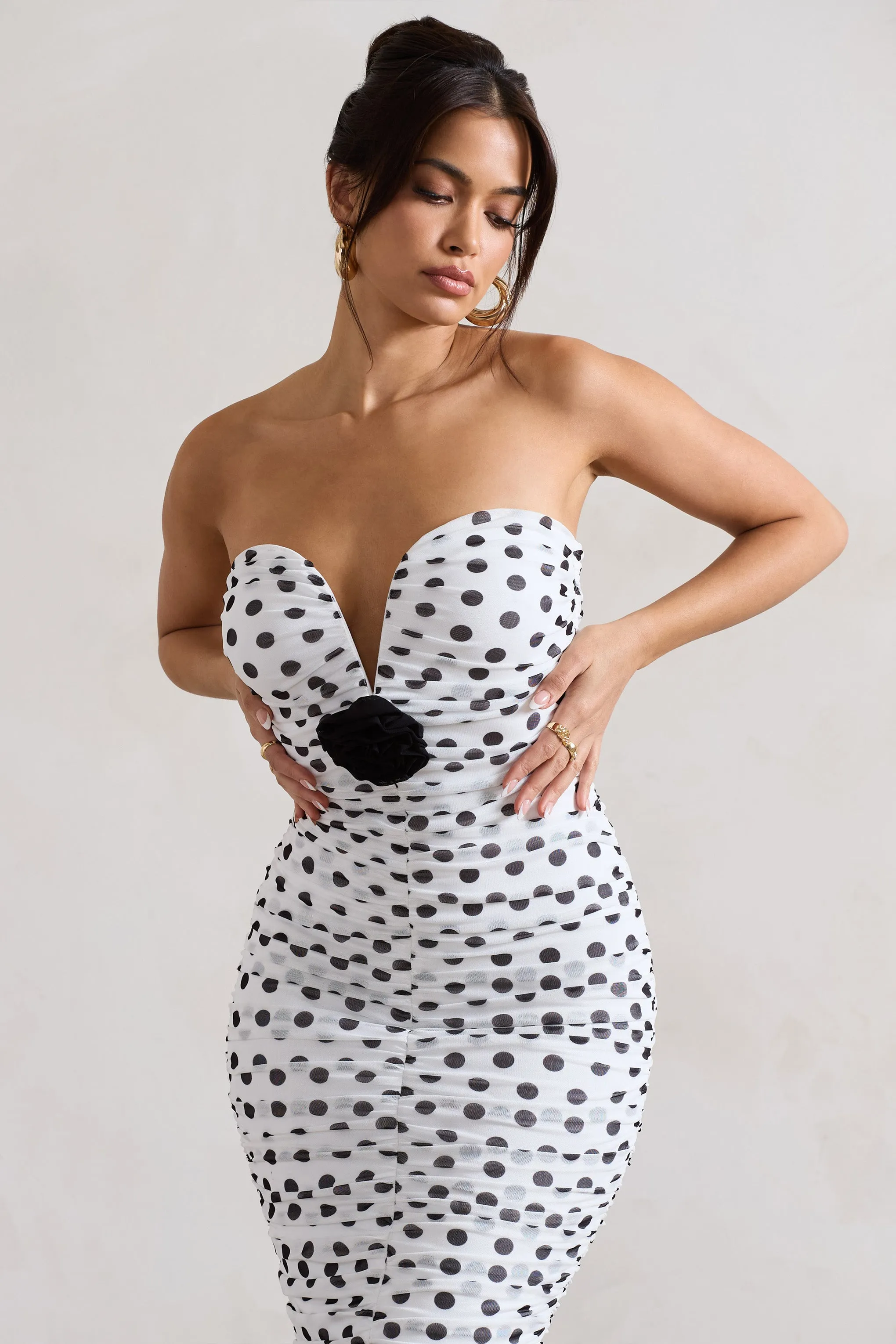 Taken | White Polka Dot Ruched Mesh Midi Dress With Corsage Club L London