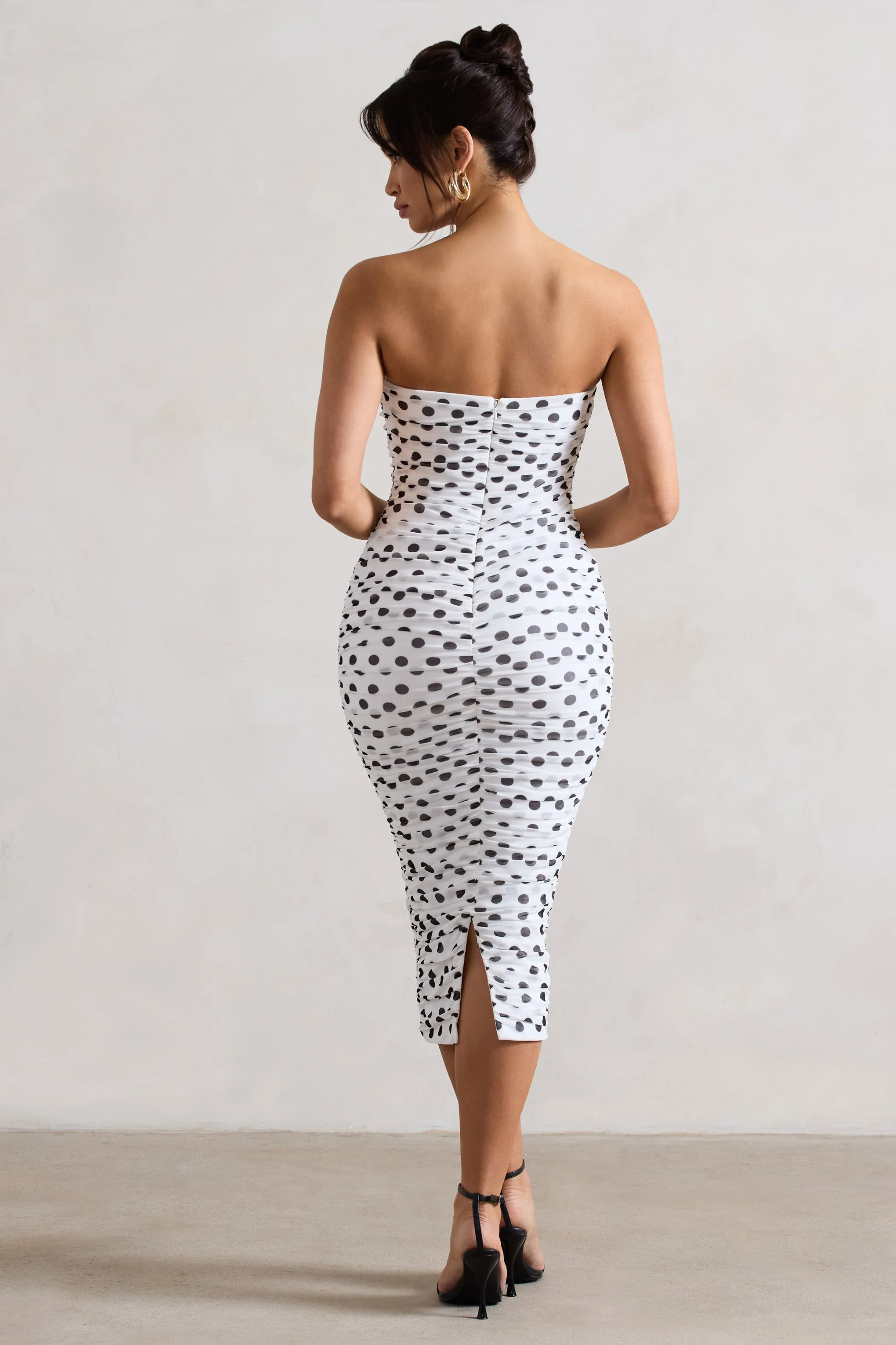 Taken | White Polka Dot Ruched Mesh Midi Dress With Corsage Club L London