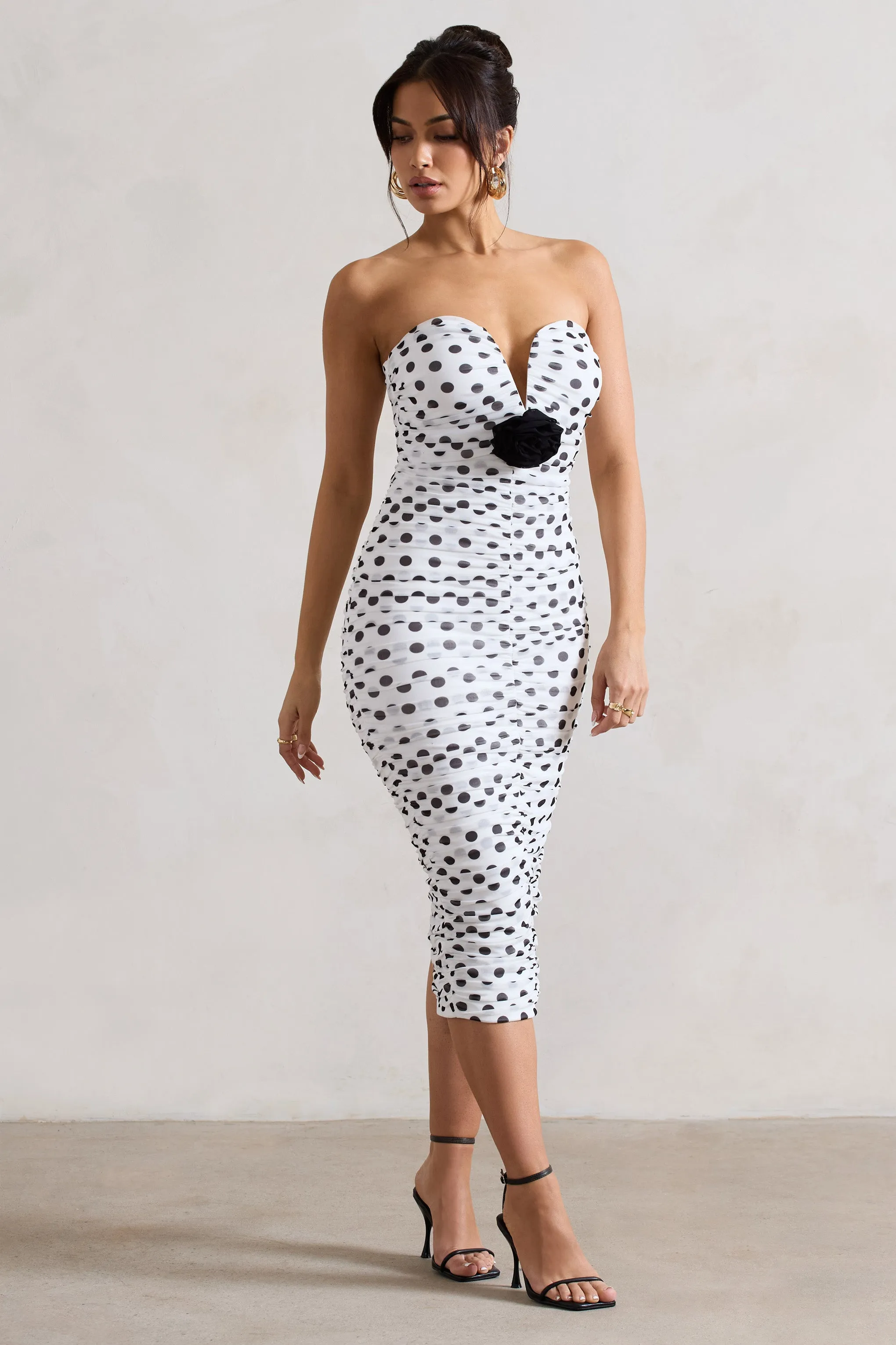 Taken | White Polka Dot Ruched Mesh Midi Dress With Corsage Club L London