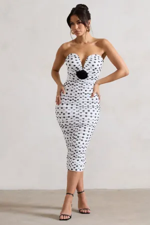 Taken | White Polka Dot Ruched Mesh Midi Dress With Corsage Club L London