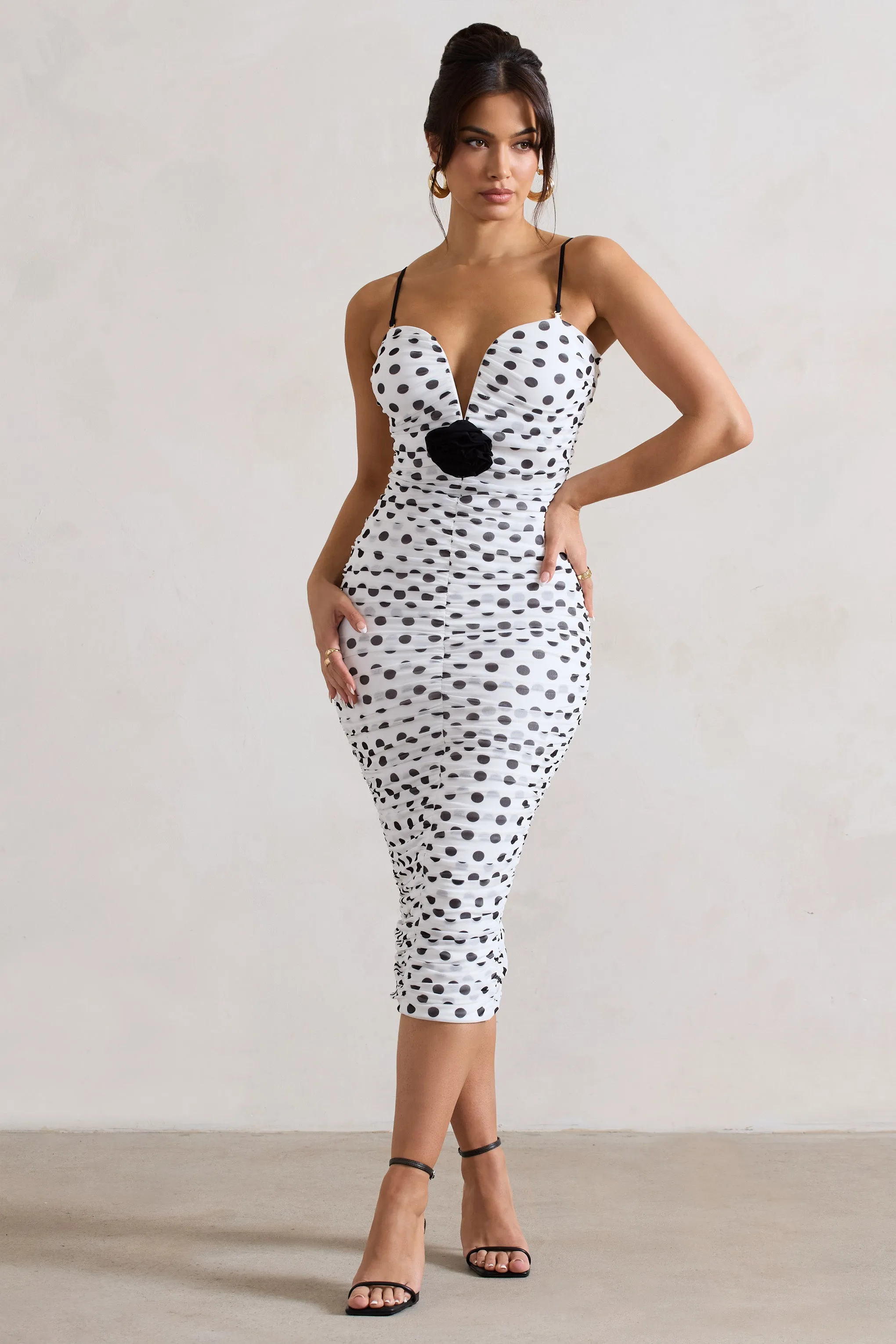 Taken | White Polka Dot Ruched Mesh Midi Dress With Corsage Club L London
