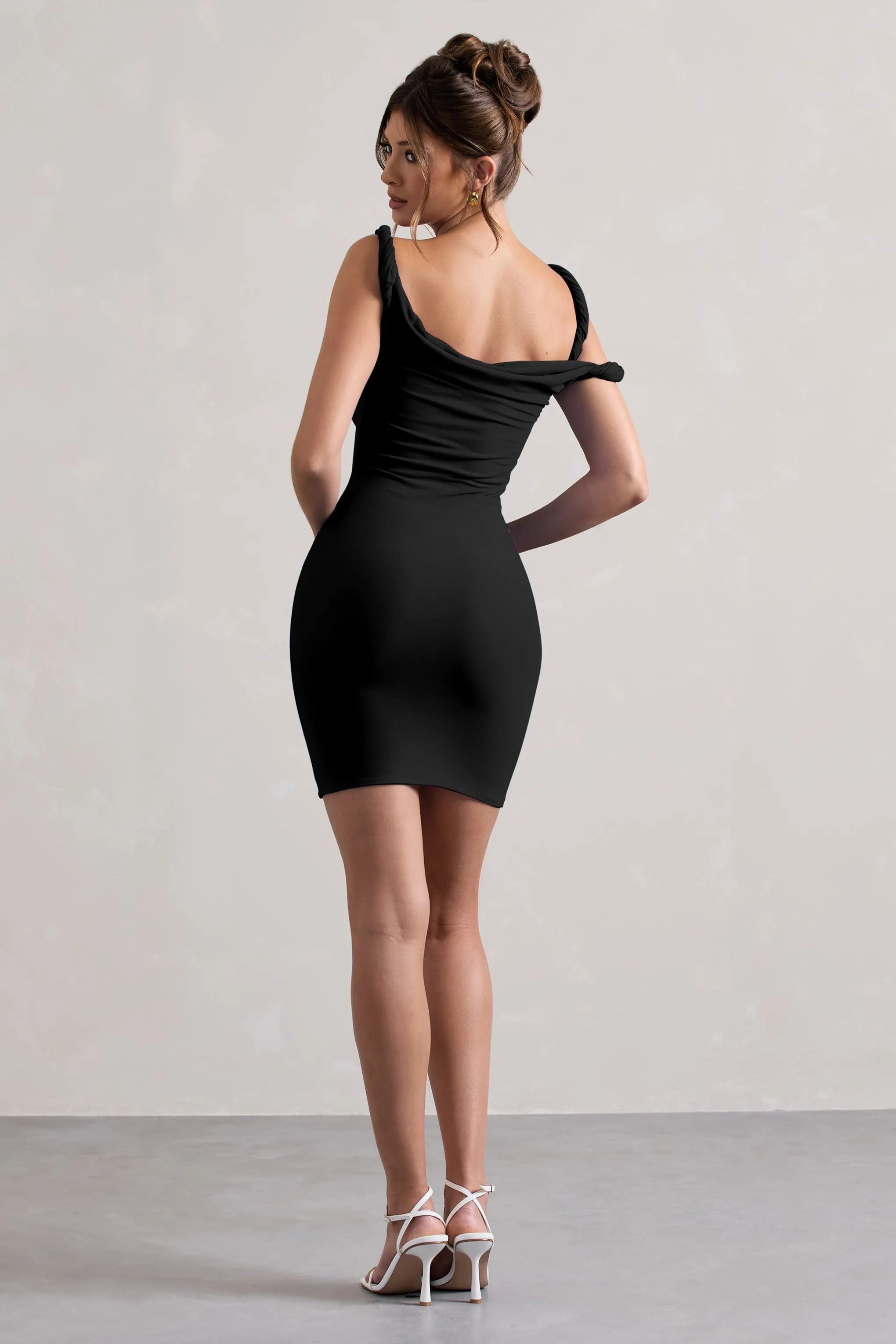 Tali | Black Twisted Asymmetric Bodycon Mini Dress Club L London