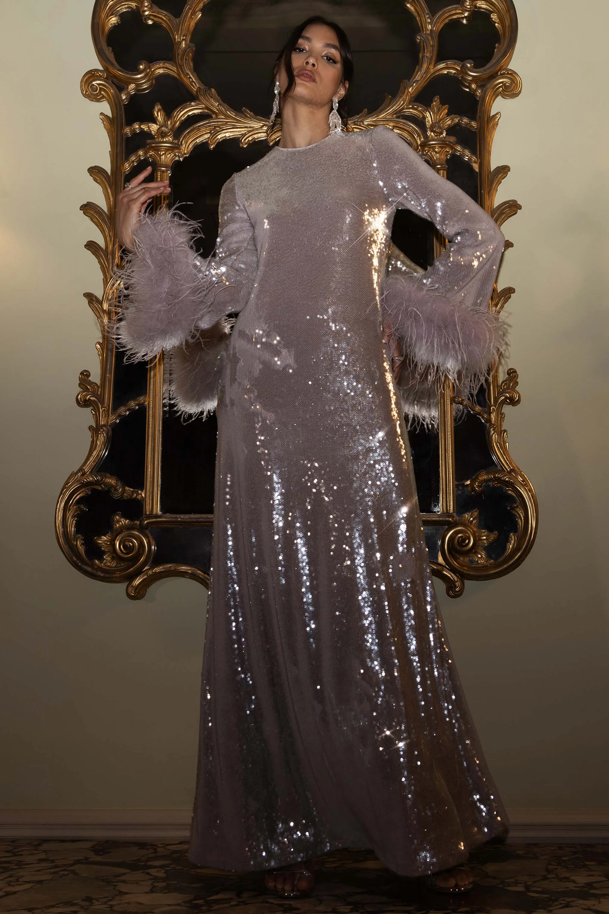 Tallie | Lilac Sequin Maxi Dress With Feather Trim Club L London