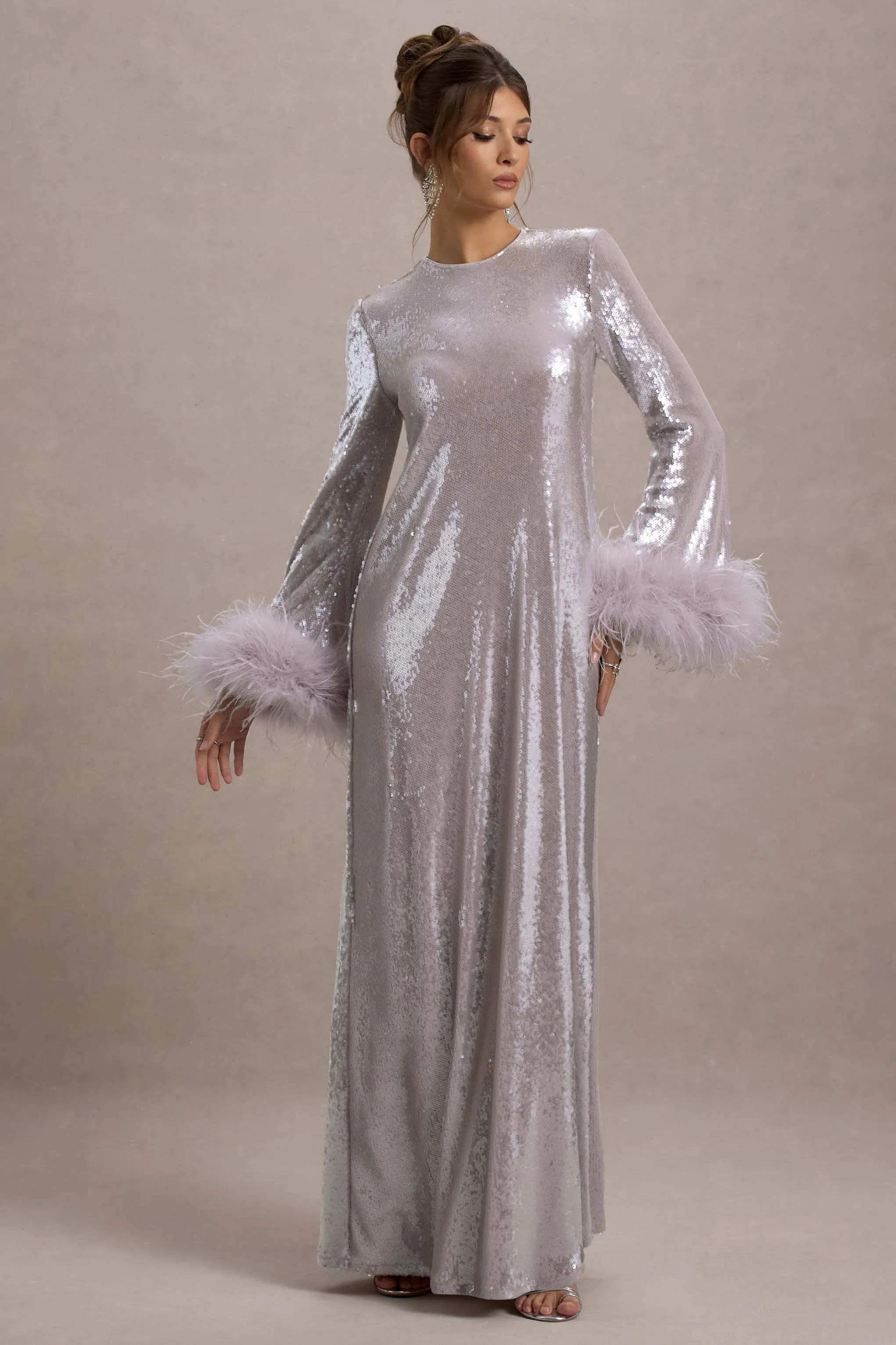 Tallie | Lilac Sequin Maxi Dress With Feather Trim Club L London