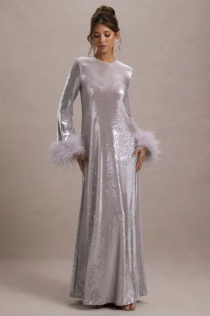 Tallie | Lilac Sequin Maxi Dress With Feather Trim Club L London