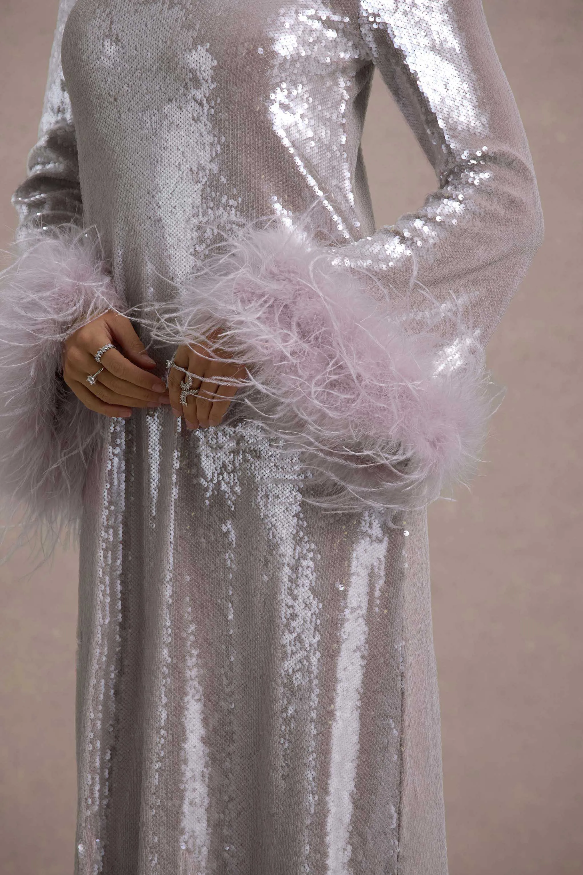 Tallie | Lilac Sequin Maxi Dress With Feather Trim Club L London