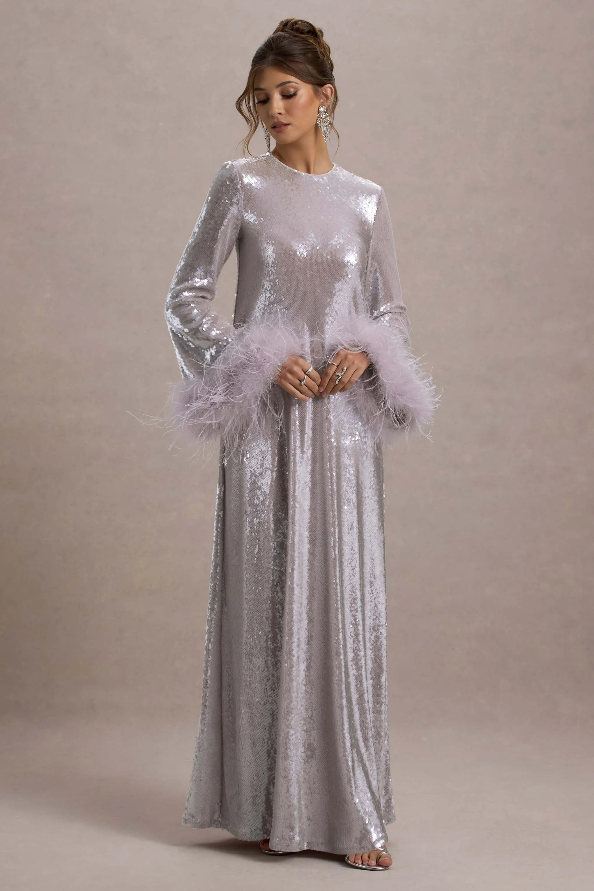 Tallie | Lilac Sequin Maxi Dress With Feather Trim Club L London