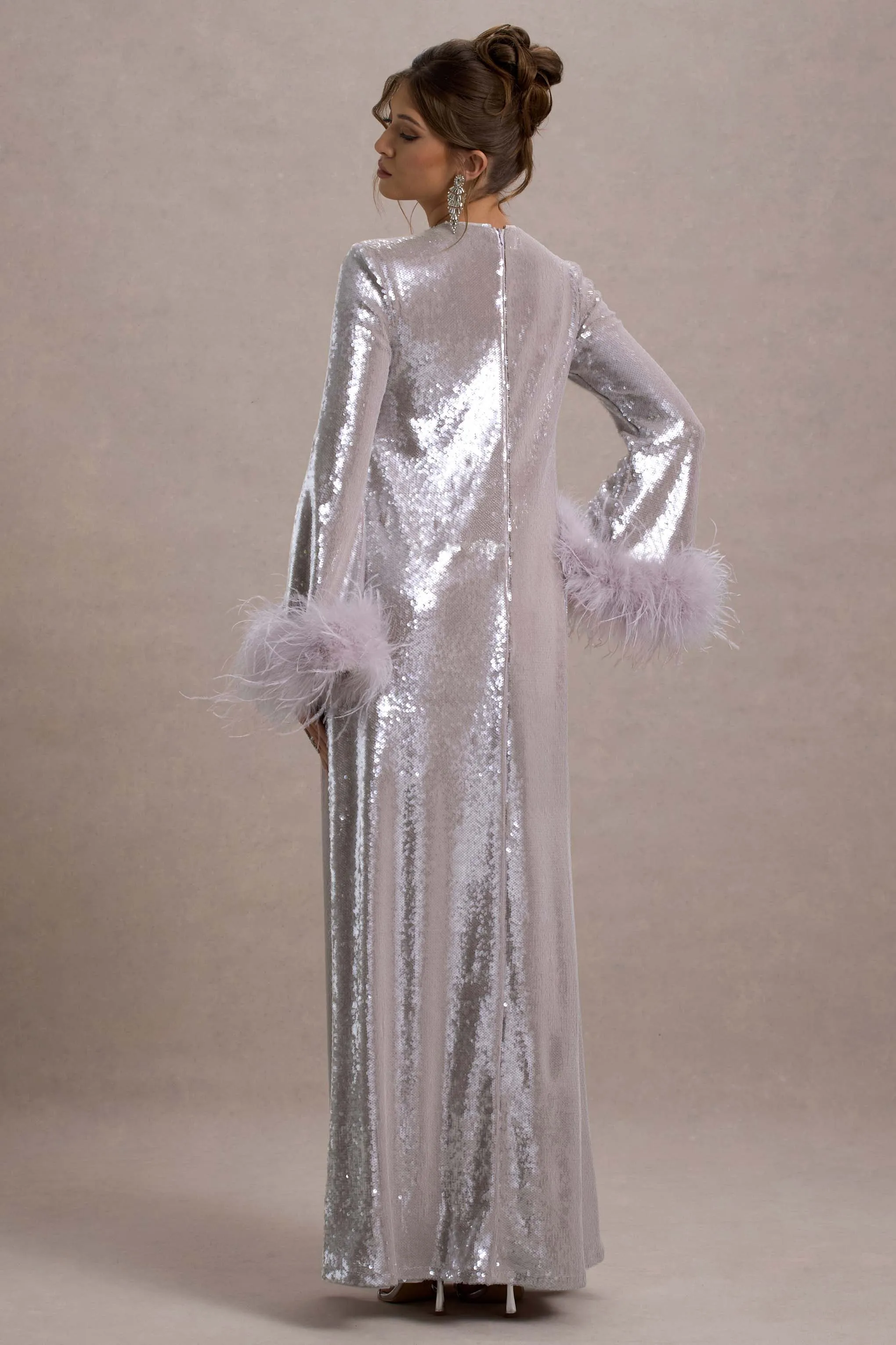 Tallie | Lilac Sequin Maxi Dress With Feather Trim Club L London