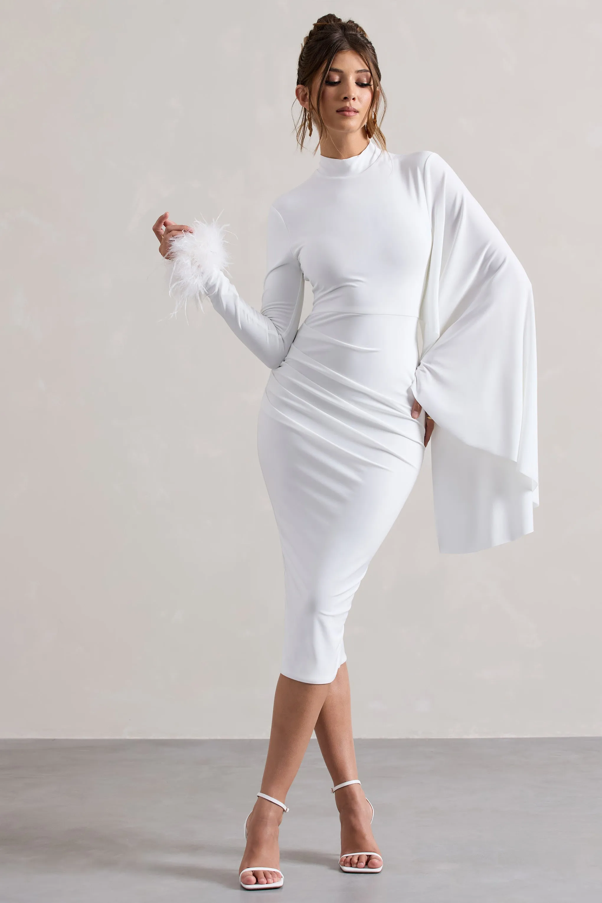 Tamika | White High-Neck Cape-Sleeve Midi Dress With Feathers Club L London