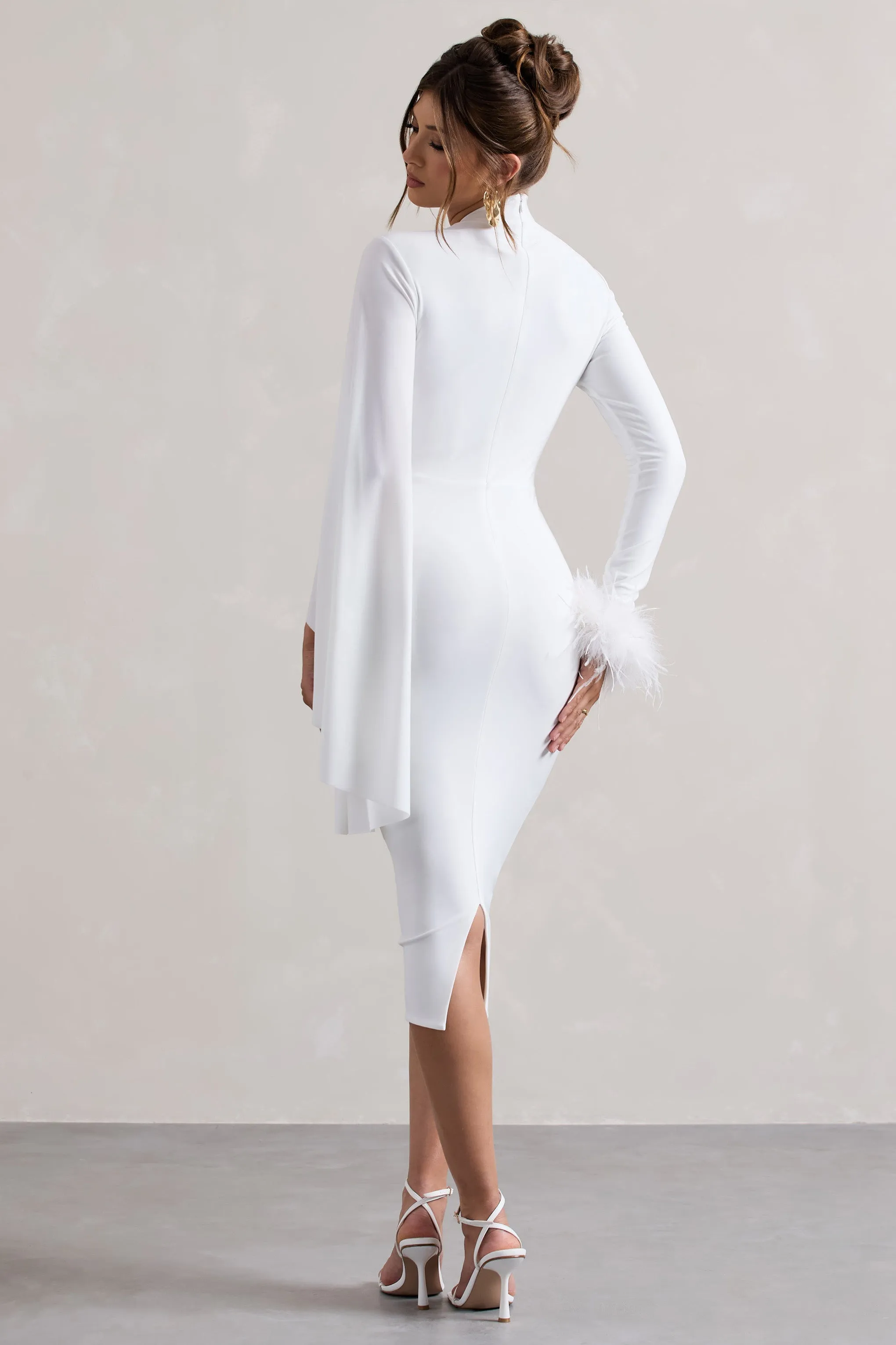 Tamika | White High-Neck Cape-Sleeve Midi Dress With Feathers Club L London