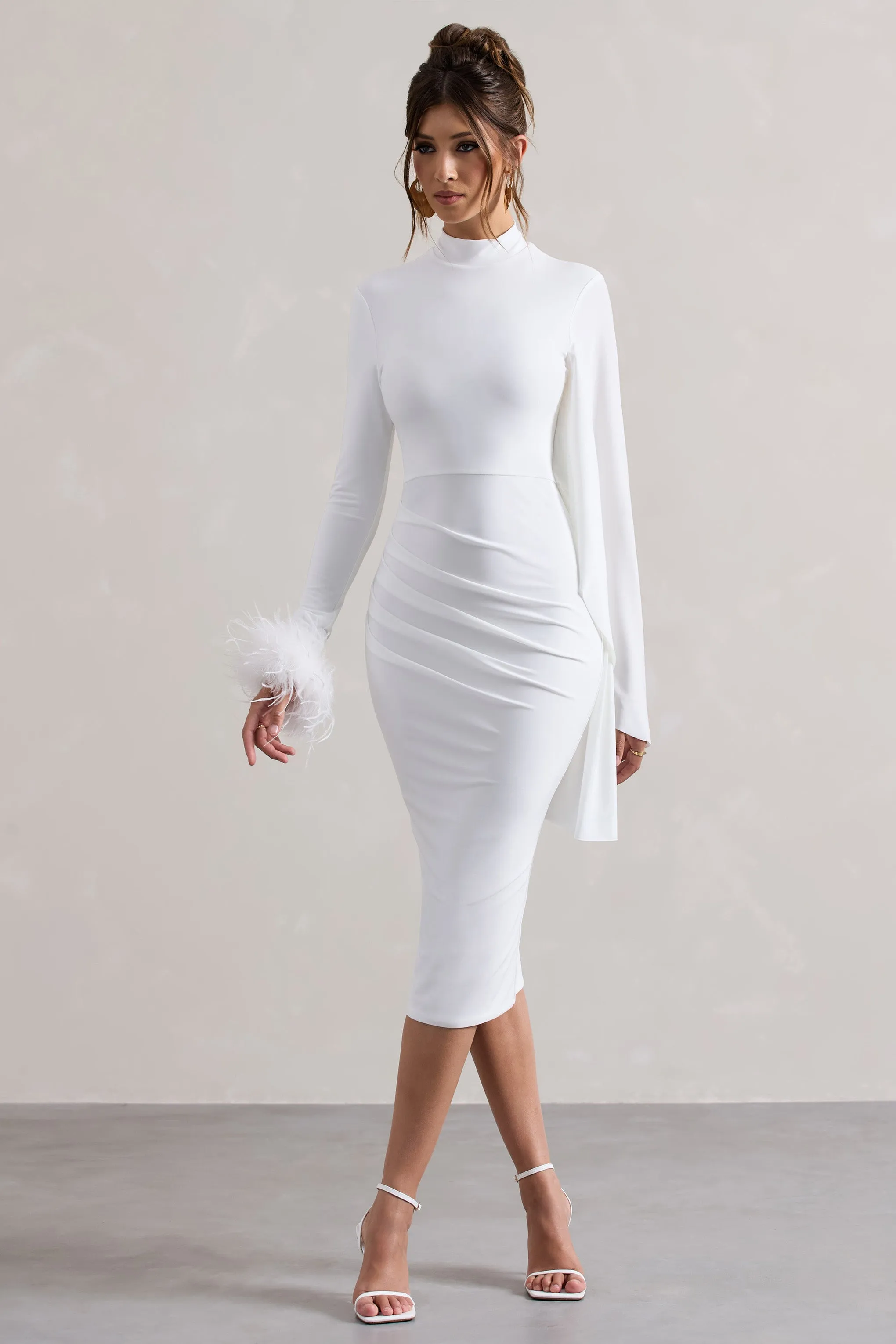 Tamika | White High-Neck Cape-Sleeve Midi Dress With Feathers Club L London