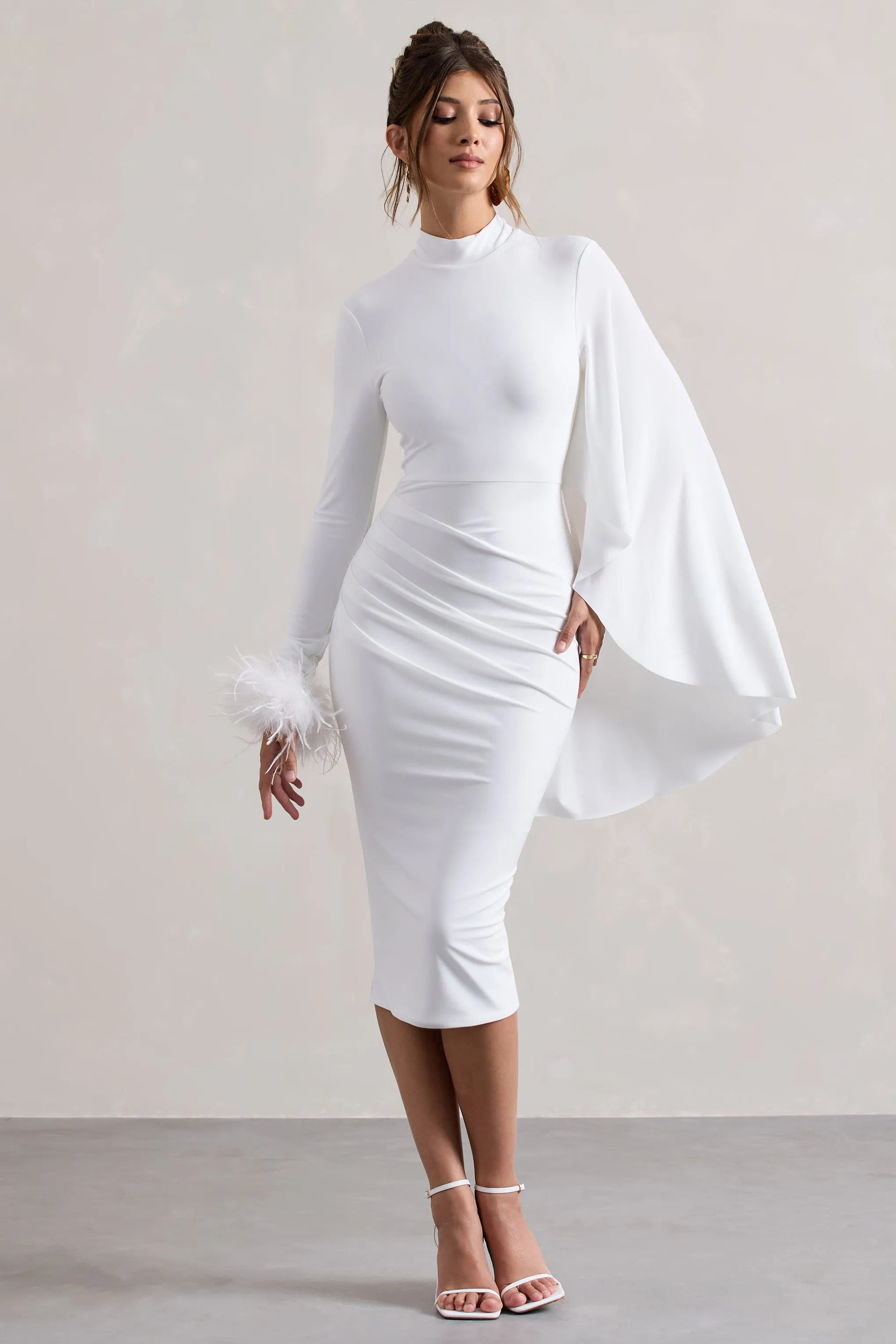 Tamika | White High-Neck Cape-Sleeve Midi Dress With Feathers Club L London