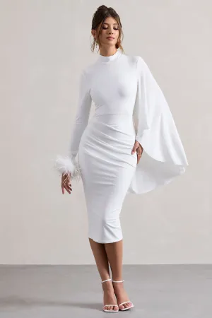 Tamika | White High-Neck Cape-Sleeve Midi Dress With Feathers Club L London