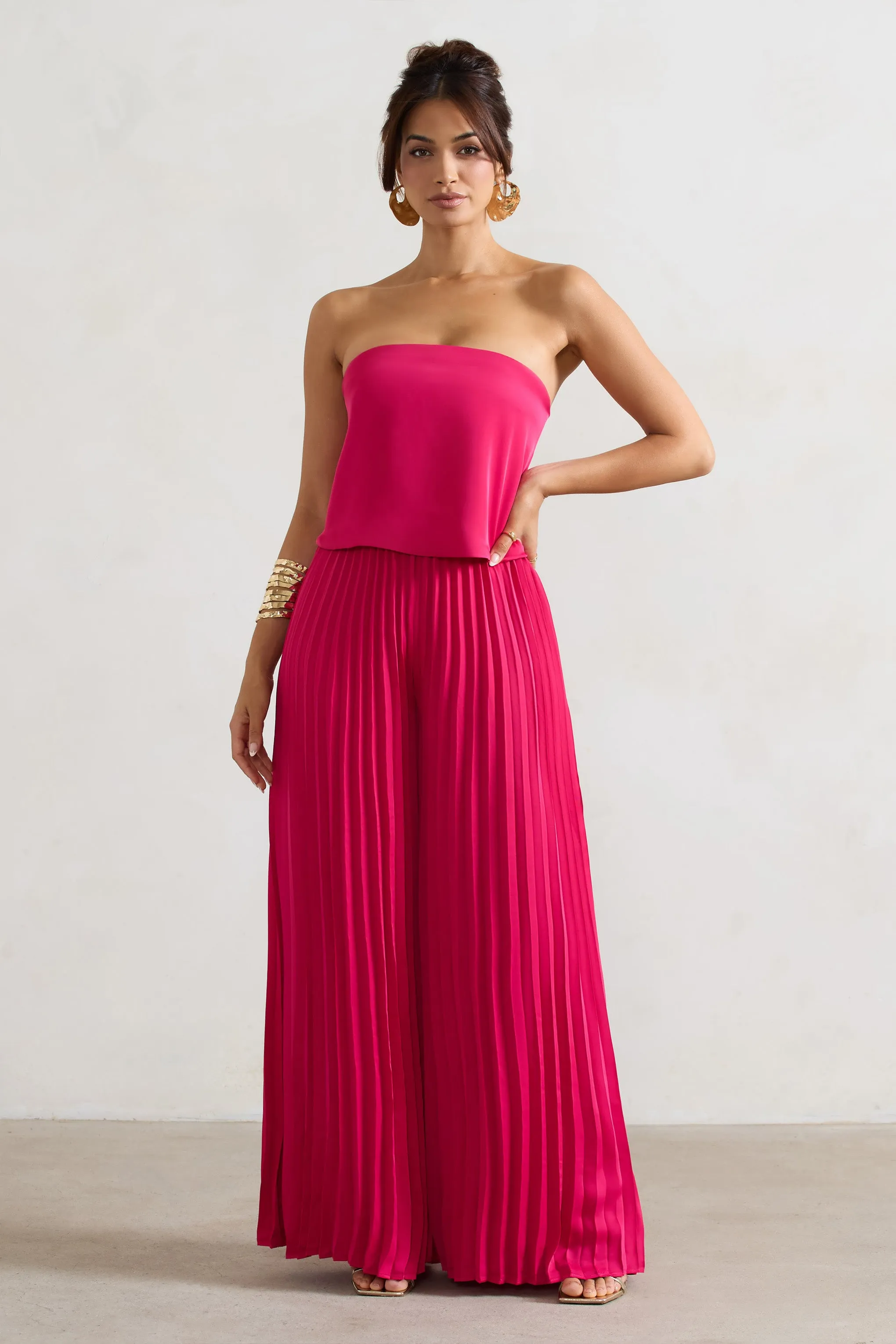 Tammi | Dark Pink Satin Strapless Plisse Wide-Leg Jumpsuit Club L London