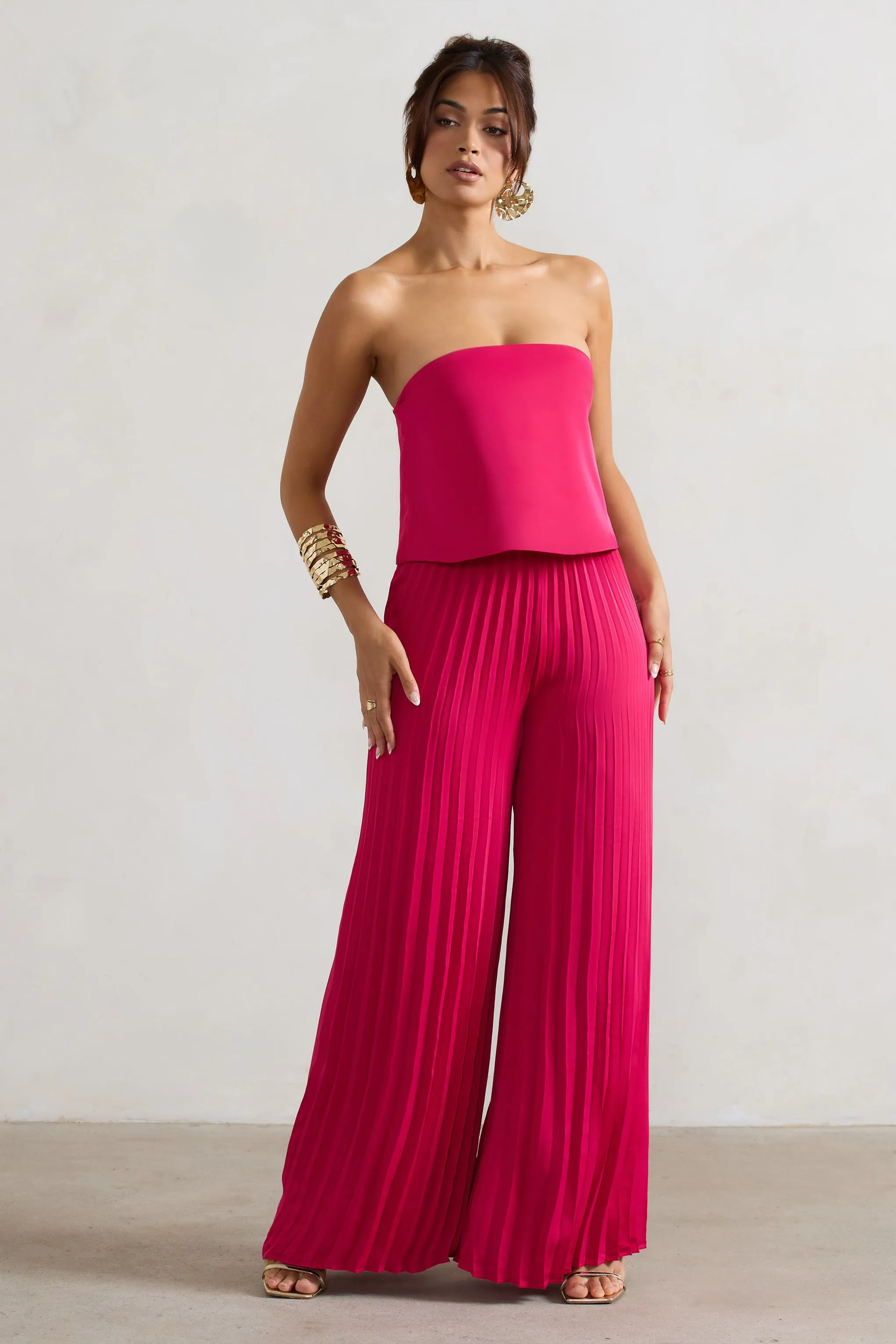 Tammi | Dark Pink Satin Strapless Plisse Wide-Leg Jumpsuit Club L London
