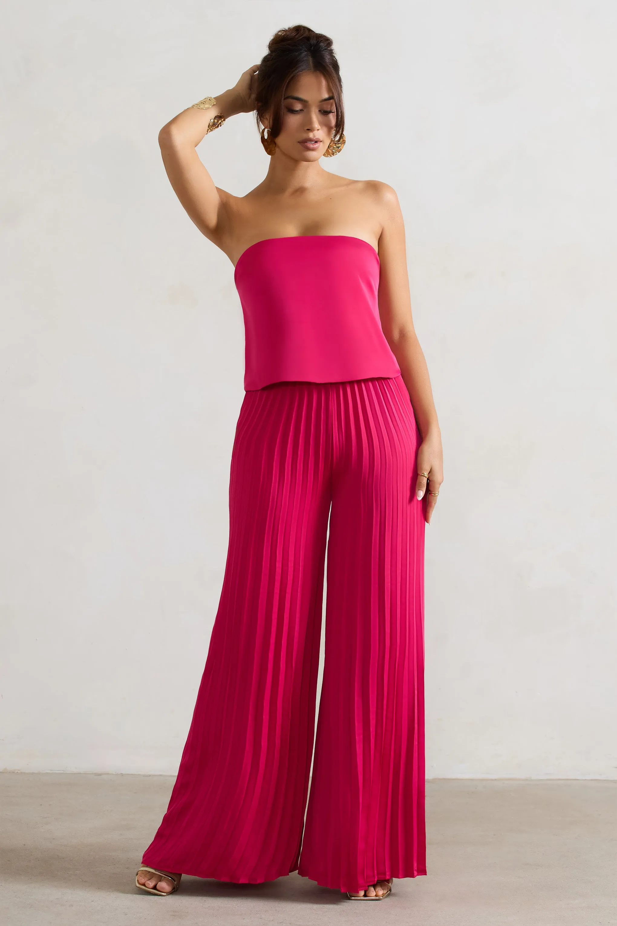 Tammi | Dark Pink Satin Strapless Plisse Wide-Leg Jumpsuit Club L London
