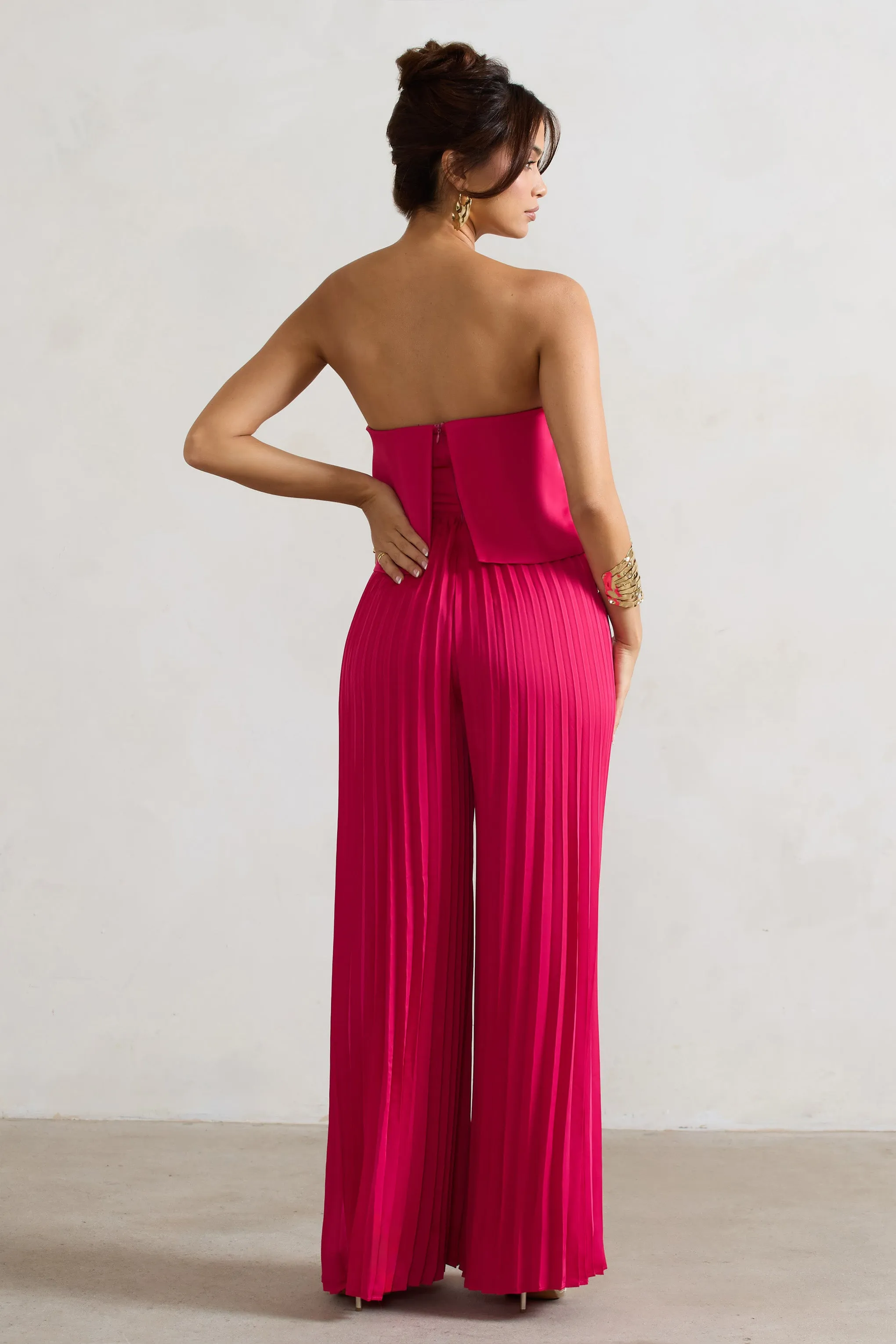 Tammi | Dark Pink Satin Strapless Plisse Wide-Leg Jumpsuit Club L London