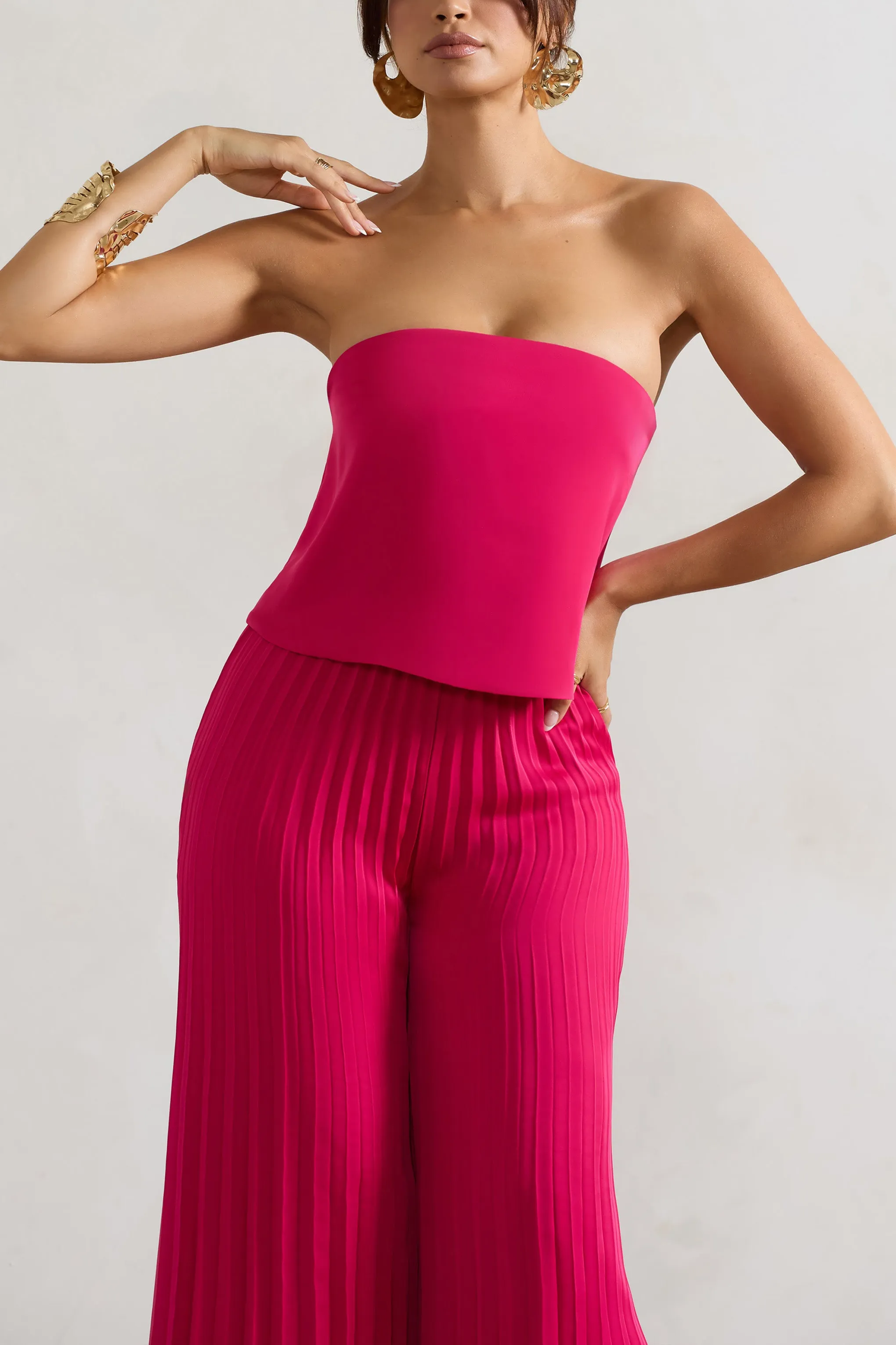 Tammi | Dark Pink Satin Strapless Plisse Wide-Leg Jumpsuit Club L London