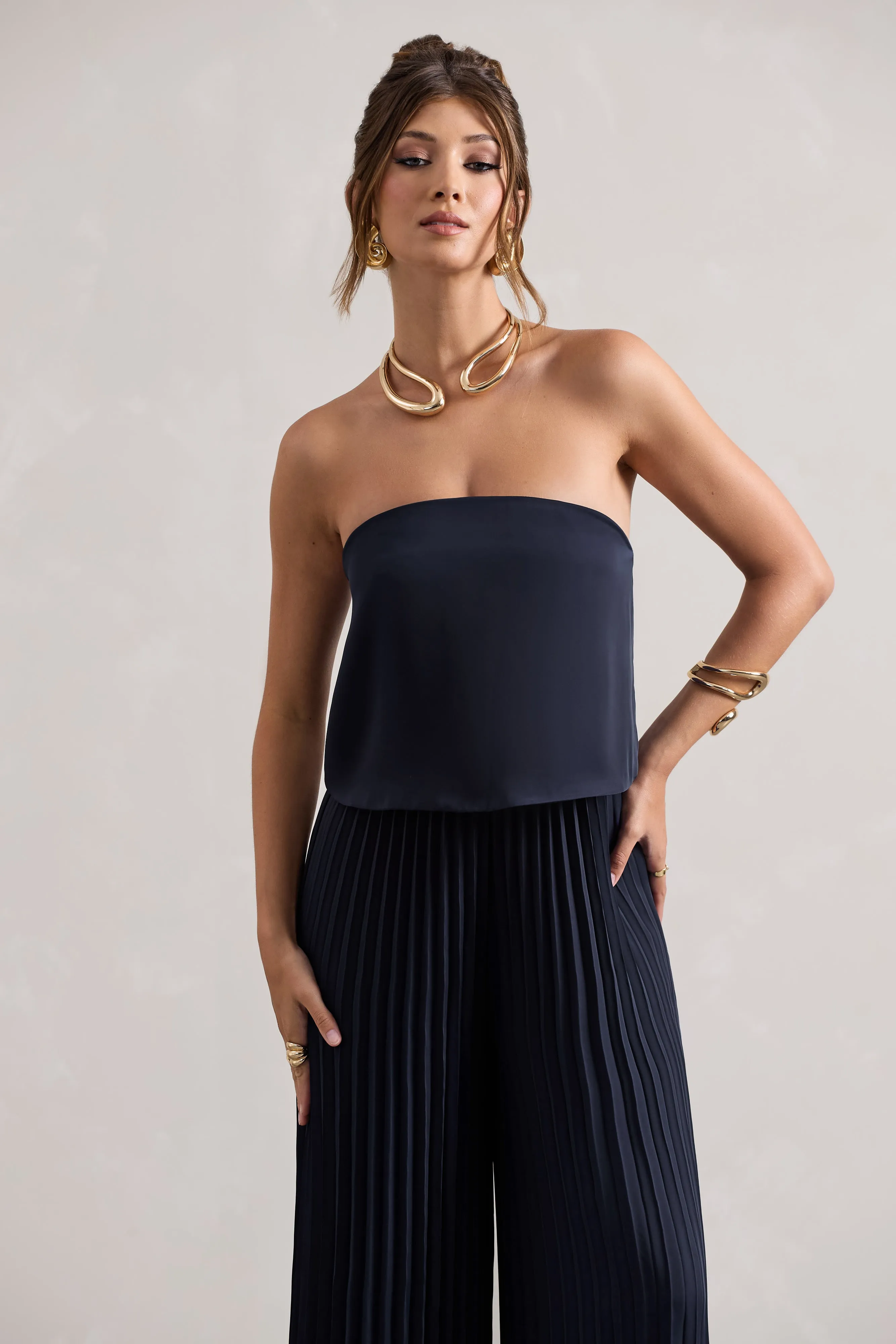 Tammi | Navy Satin Strapless Plisse Wide-Leg Jumpsuit Club L London