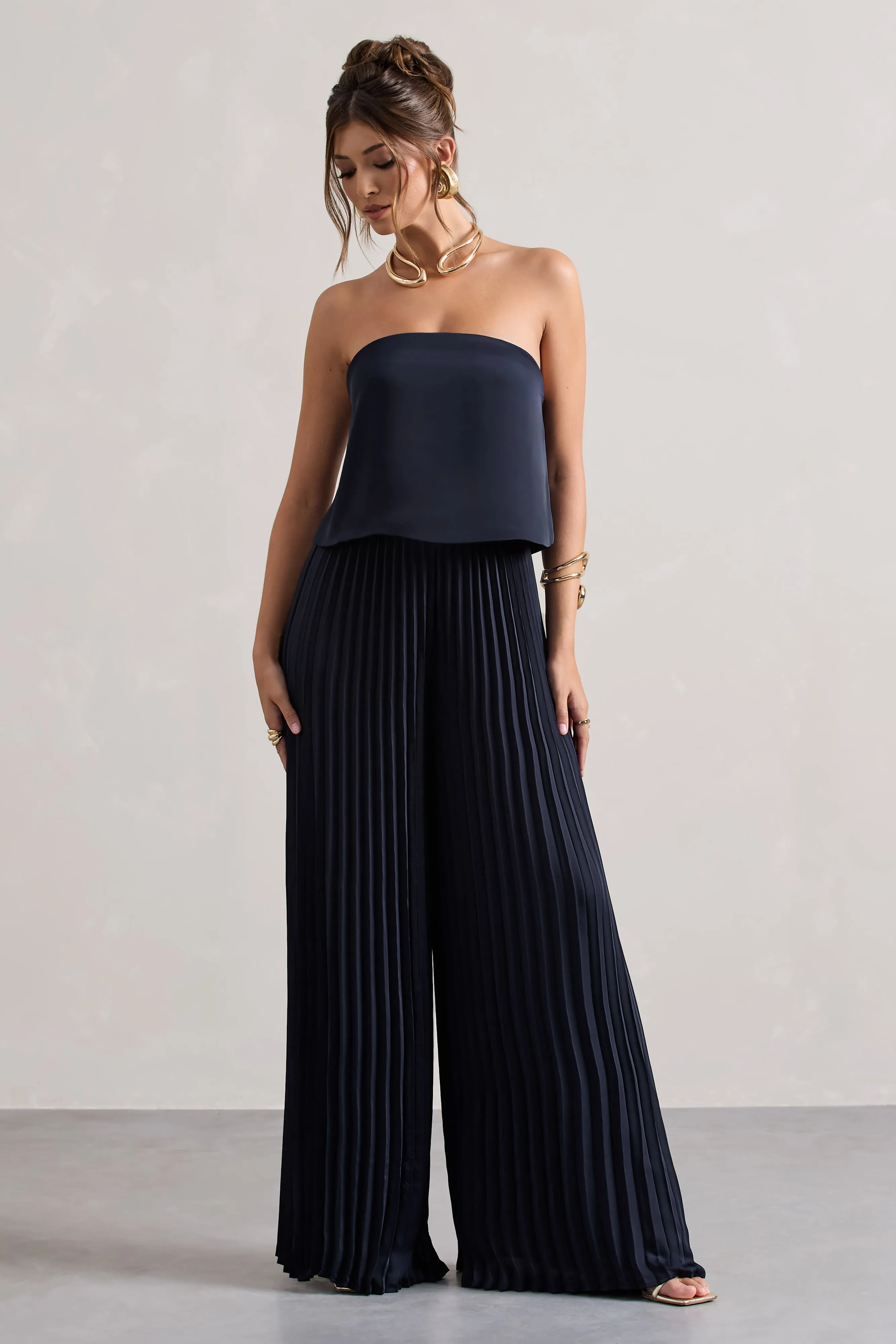 Tammi | Navy Satin Strapless Plisse Wide-Leg Jumpsuit Club L London