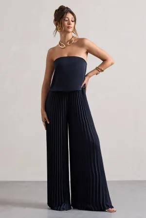 Tammi | Navy Satin Strapless Plisse Wide-Leg Jumpsuit Club L London