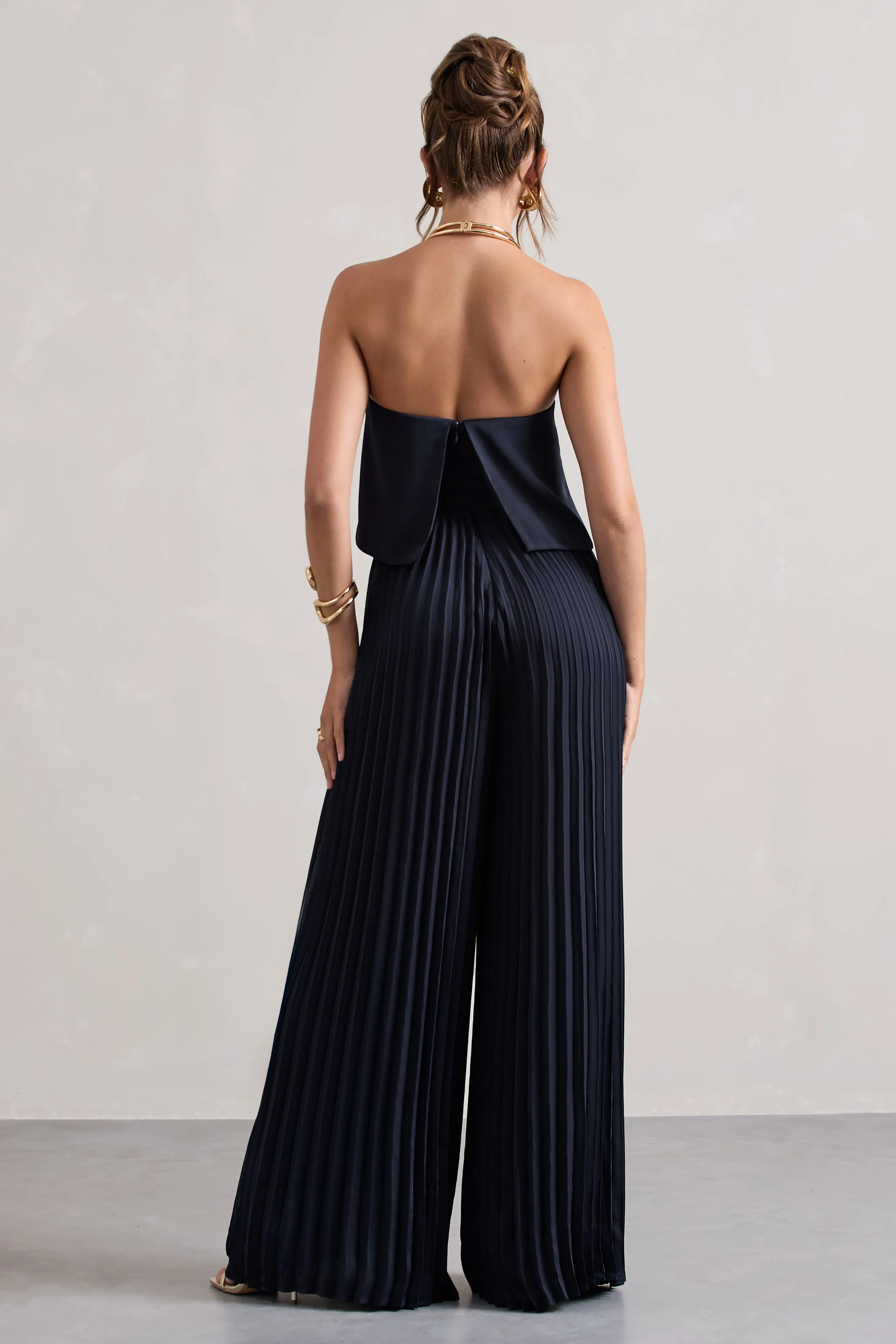 Tammi | Navy Satin Strapless Plisse Wide-Leg Jumpsuit Club L London