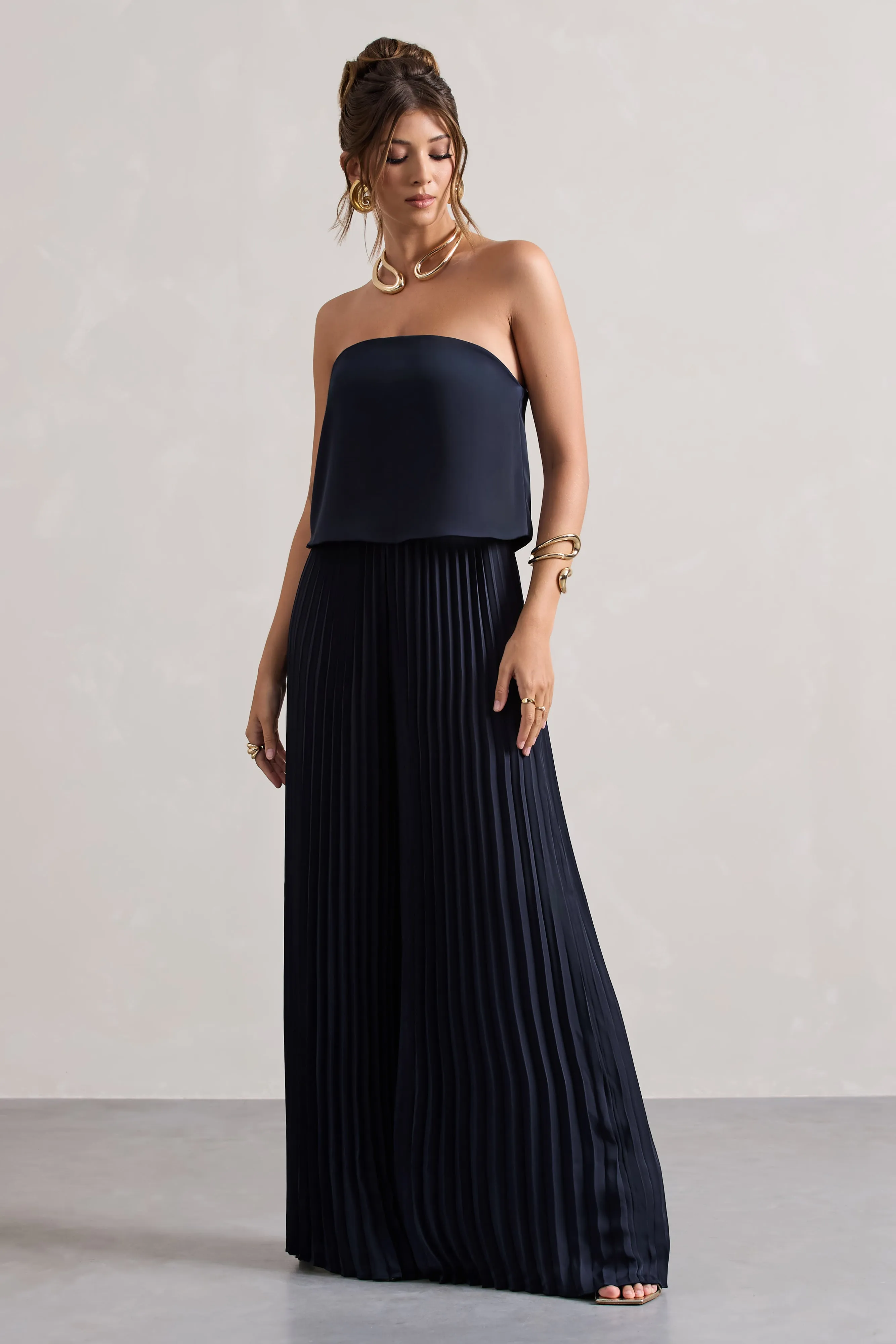 Tammi | Navy Satin Strapless Plisse Wide-Leg Jumpsuit Club L London