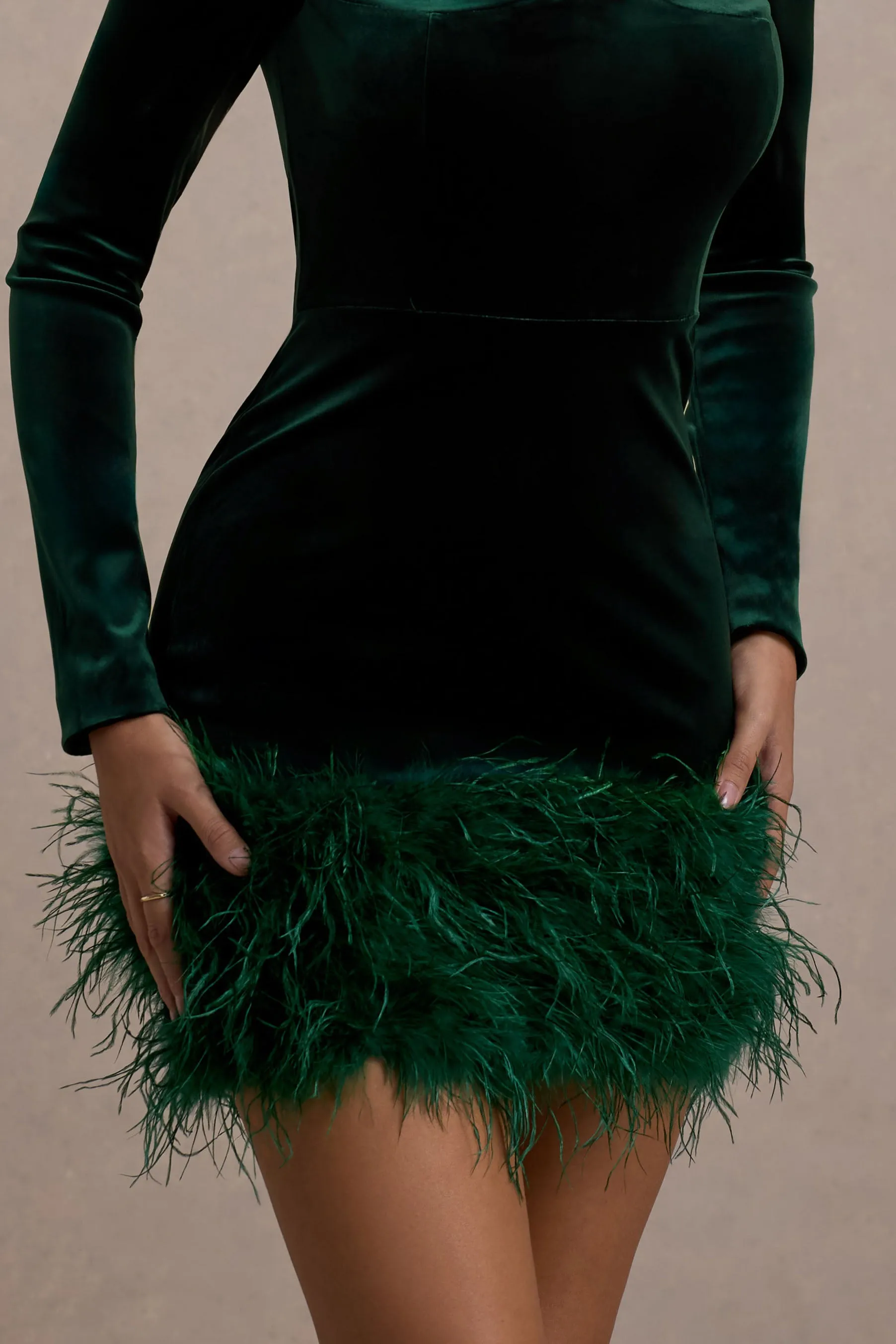Tamsin | Bottle Green Velvet Long-Sleeved Feather Mini Dress Club L London