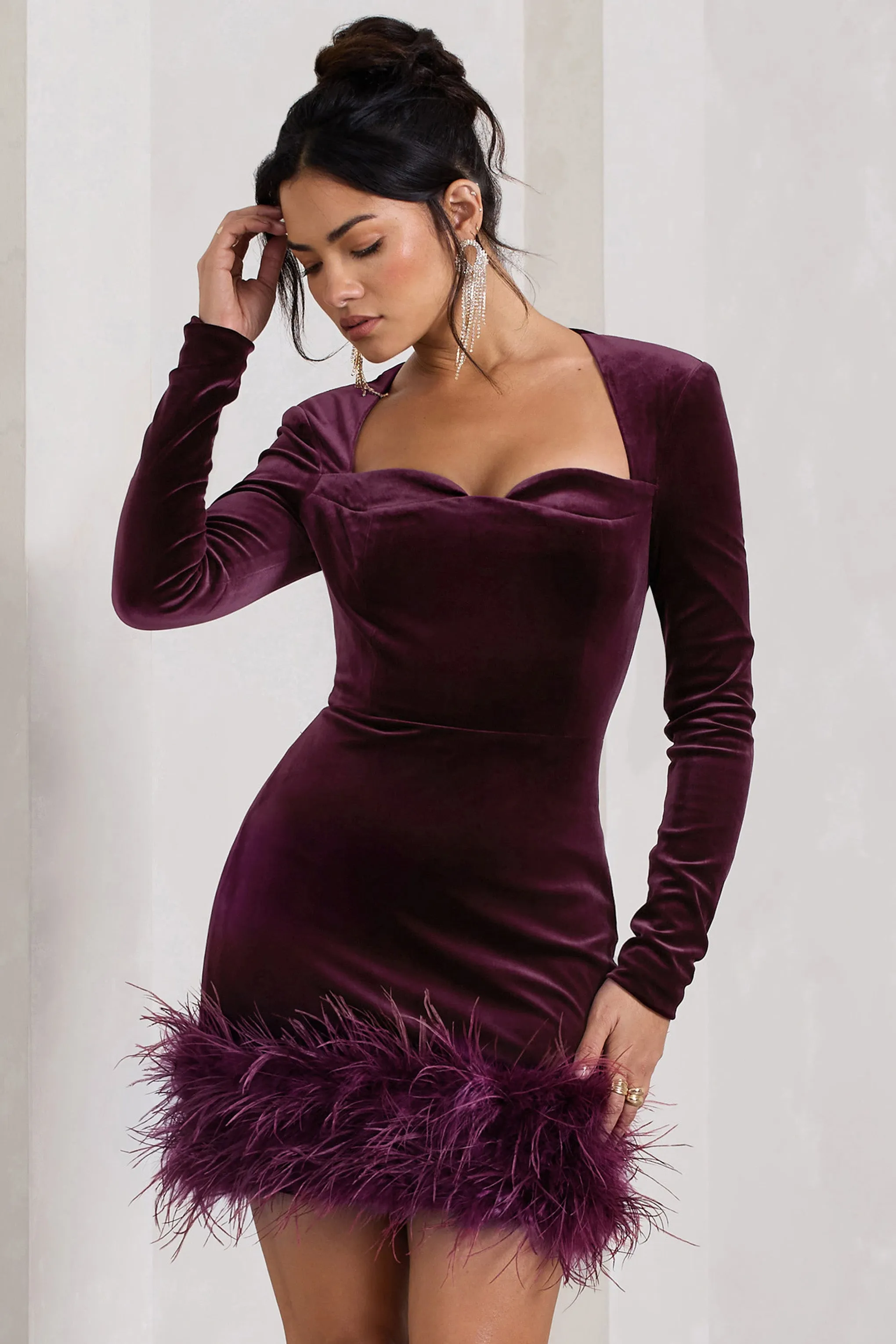 Tamsin | Port Velvet Long-Sleeved Feather Mini Dress Club L London