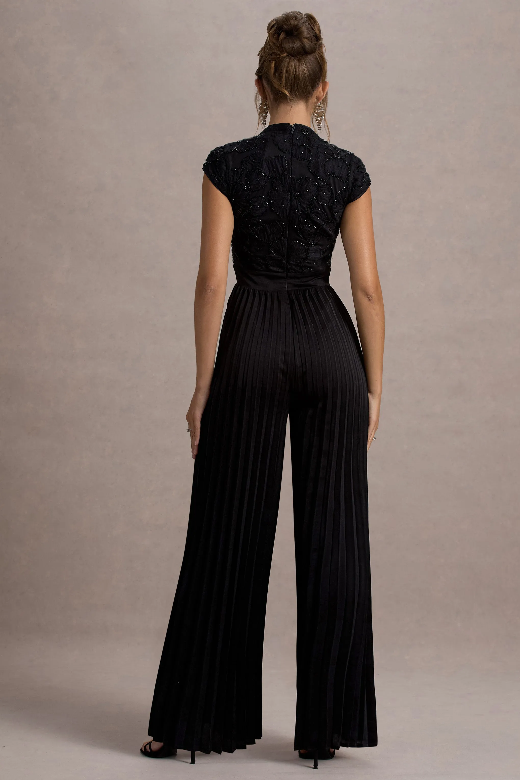 Tanner | Black Cap-Sleeve Plisse Wide-Leg Jumpsuit Club L London
