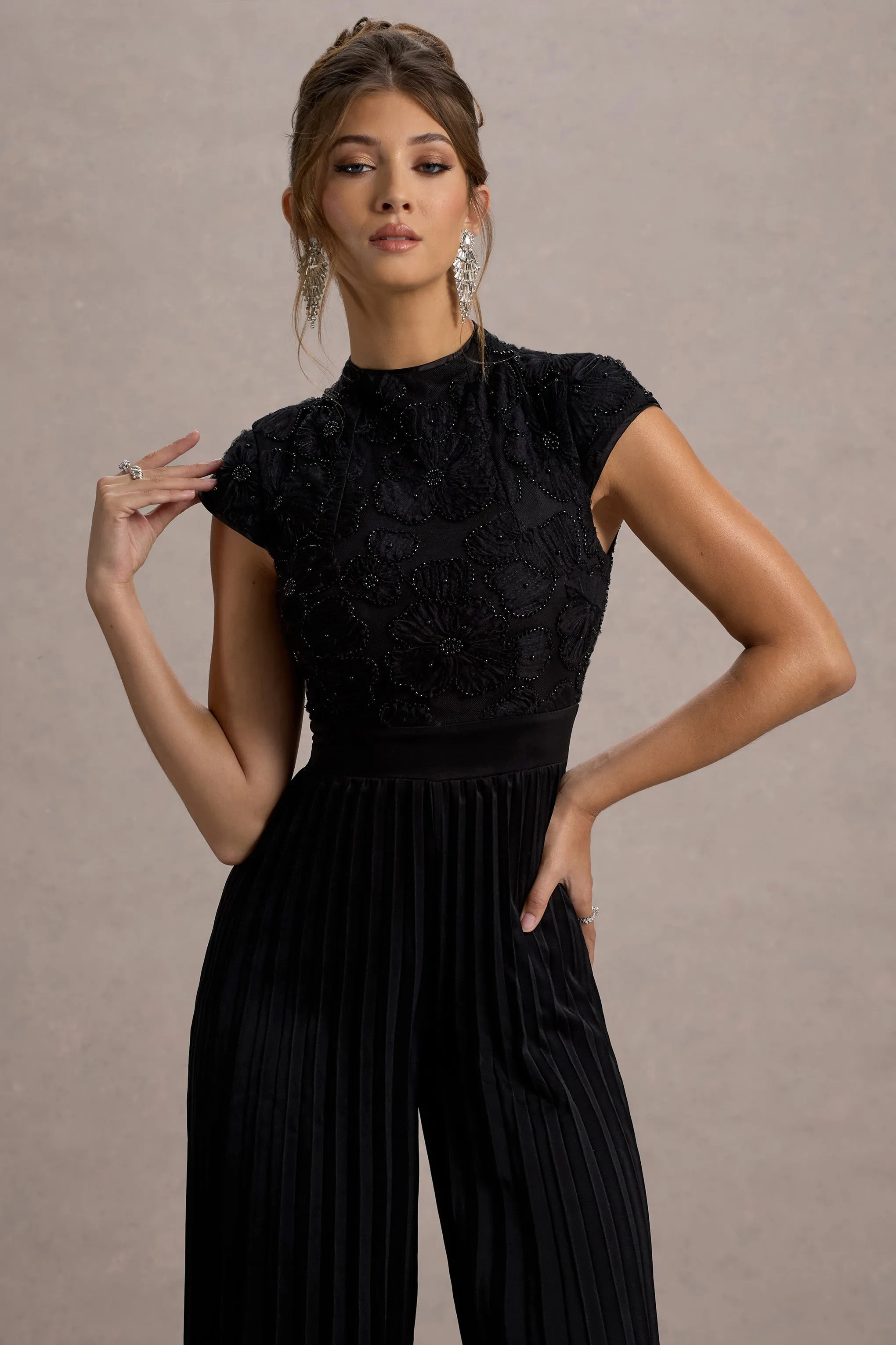 Tanner | Black Cap-Sleeve Plisse Wide-Leg Jumpsuit Club L London