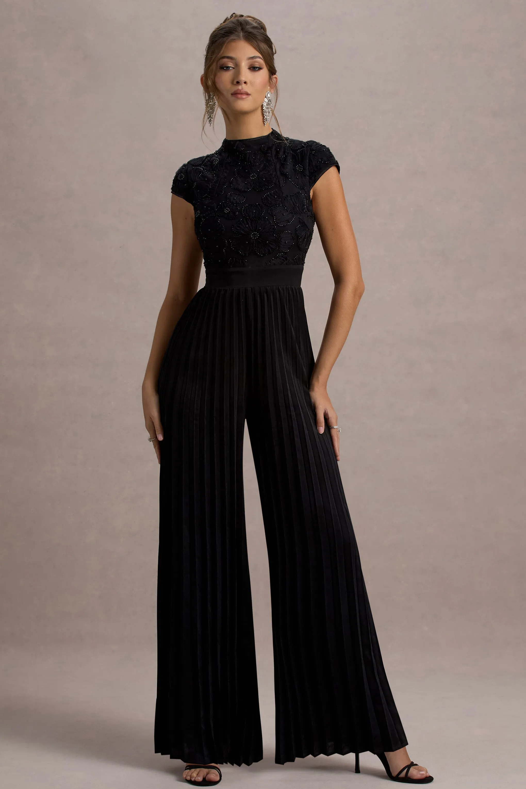 Tanner | Black Cap-Sleeve Plisse Wide-Leg Jumpsuit Club L London