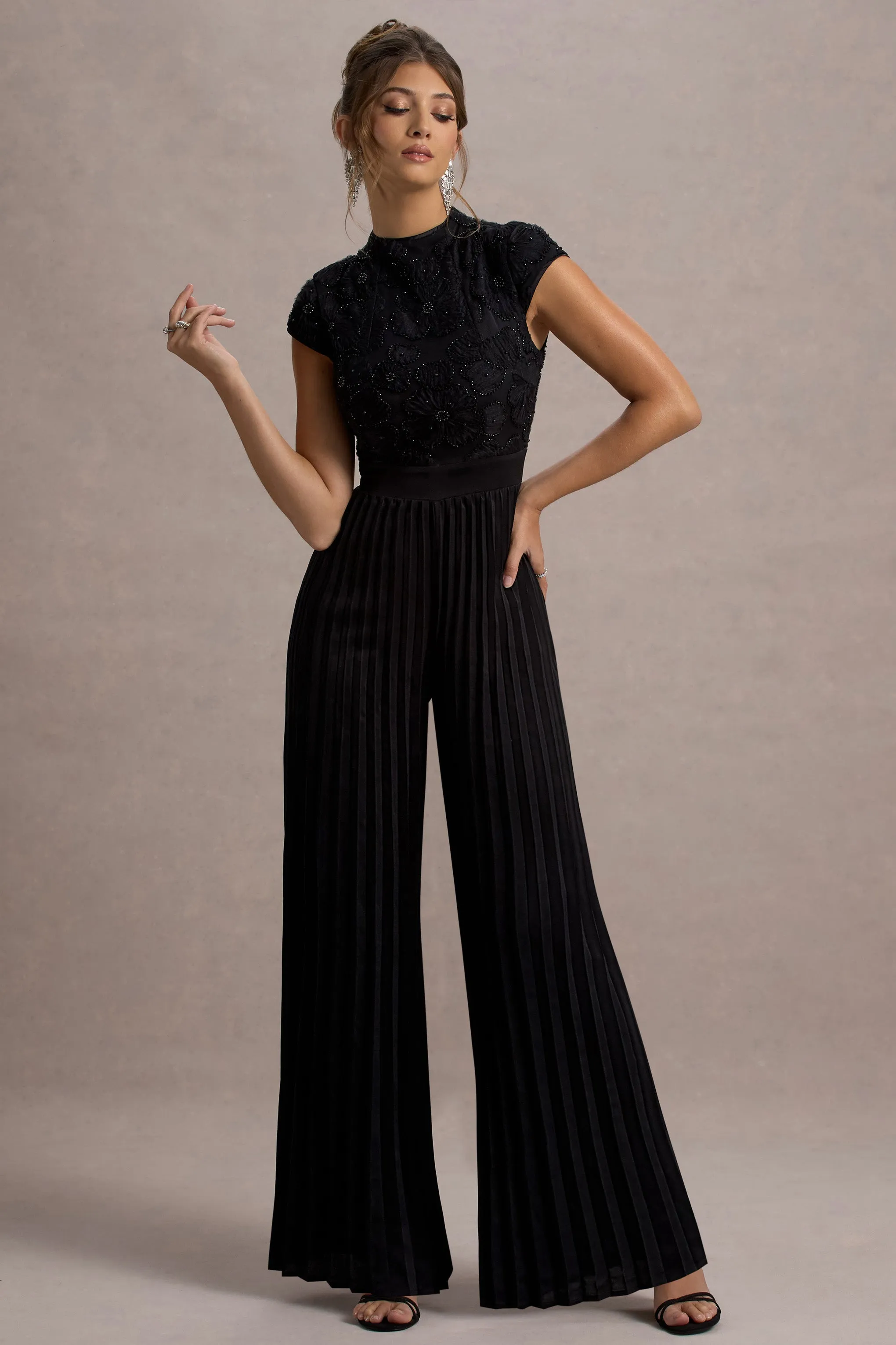 Tanner | Black Cap-Sleeve Plisse Wide-Leg Jumpsuit Club L London