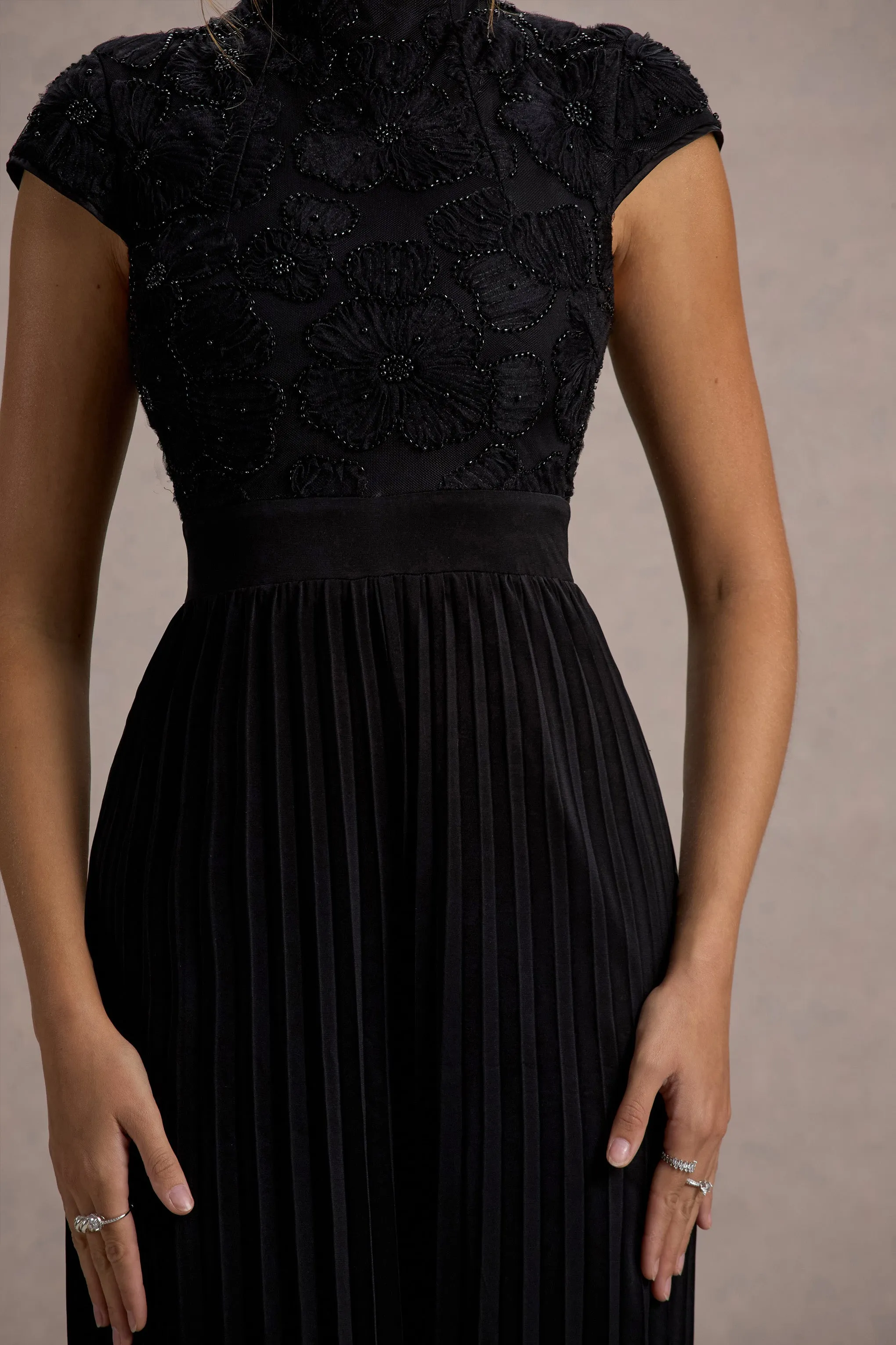 Tanner | Black Cap-Sleeve Plisse Wide-Leg Jumpsuit Club L London