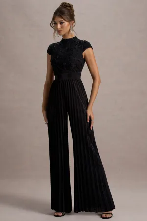 Tanner | Black Cap-Sleeve Plisse Wide-Leg Jumpsuit Club L London
