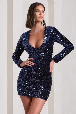 Tantalise | Navy Sequin Plunge-Neck Long-Sleeve Mini Dress Club L London